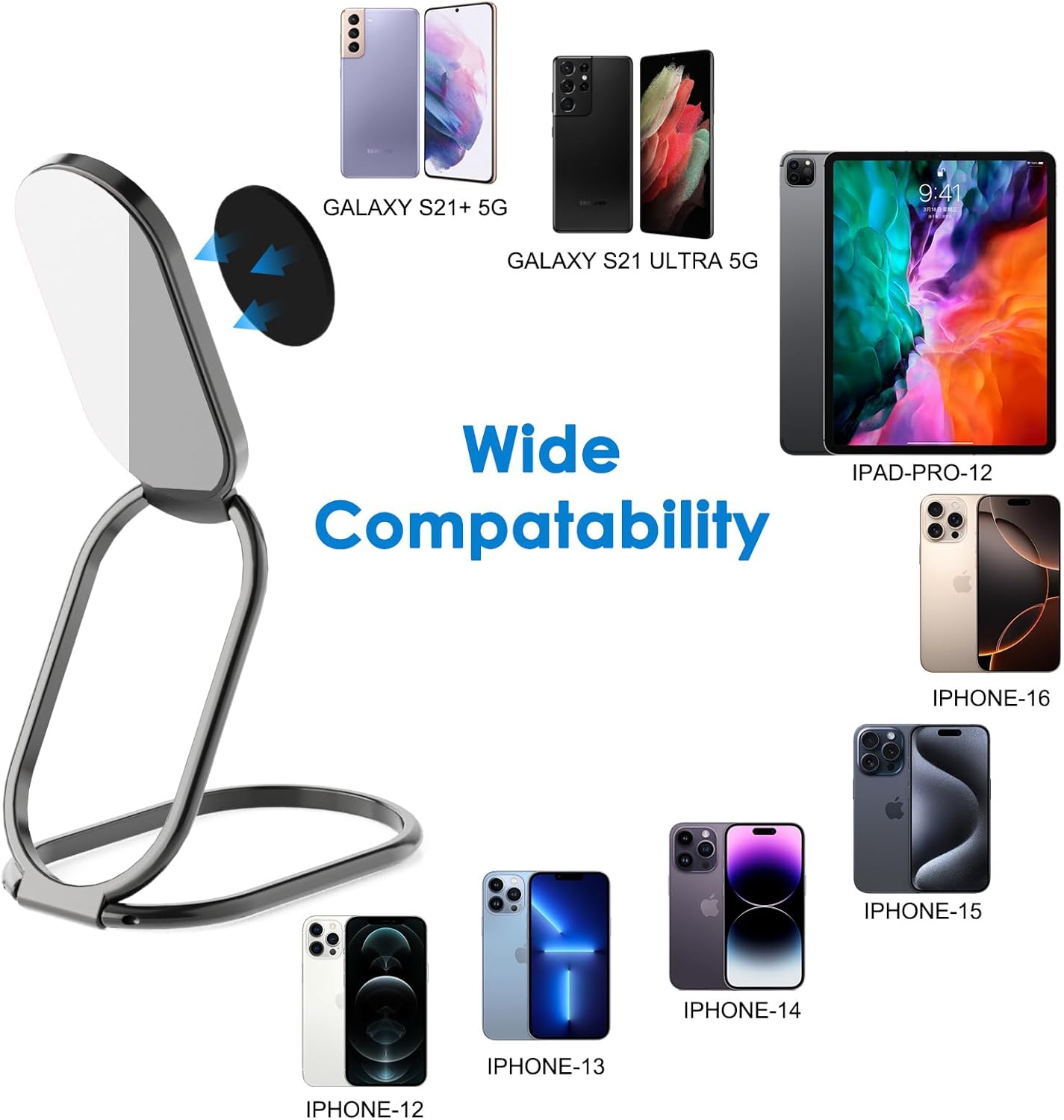 Phone Holder Foldable Phone Stand Phone Ring Holder Finger Kickstand 360° Rotation Cell Phone Stand Metal Phone Grip for Magnetic Car Mount Sticky Phone Grip Compatible with Most Smartphones