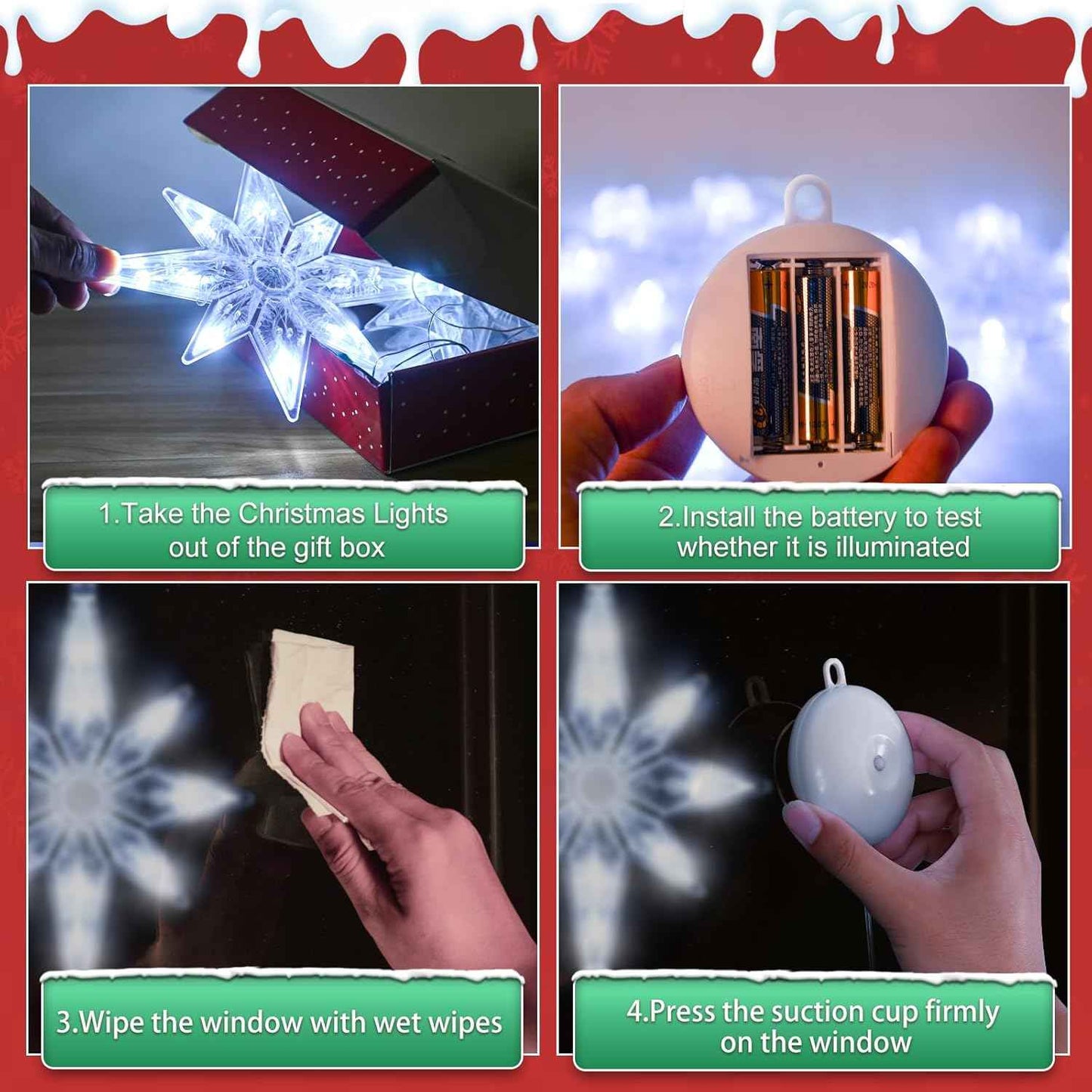 3Pcs Christmas Window Lights Decorations with Timer,Battery Powered Christmas Window Hanging White Lighted Lucky Star Shaped LED Sucker Lamp for Xmas Tree Fireplace Window Indoor Outdoor Decor