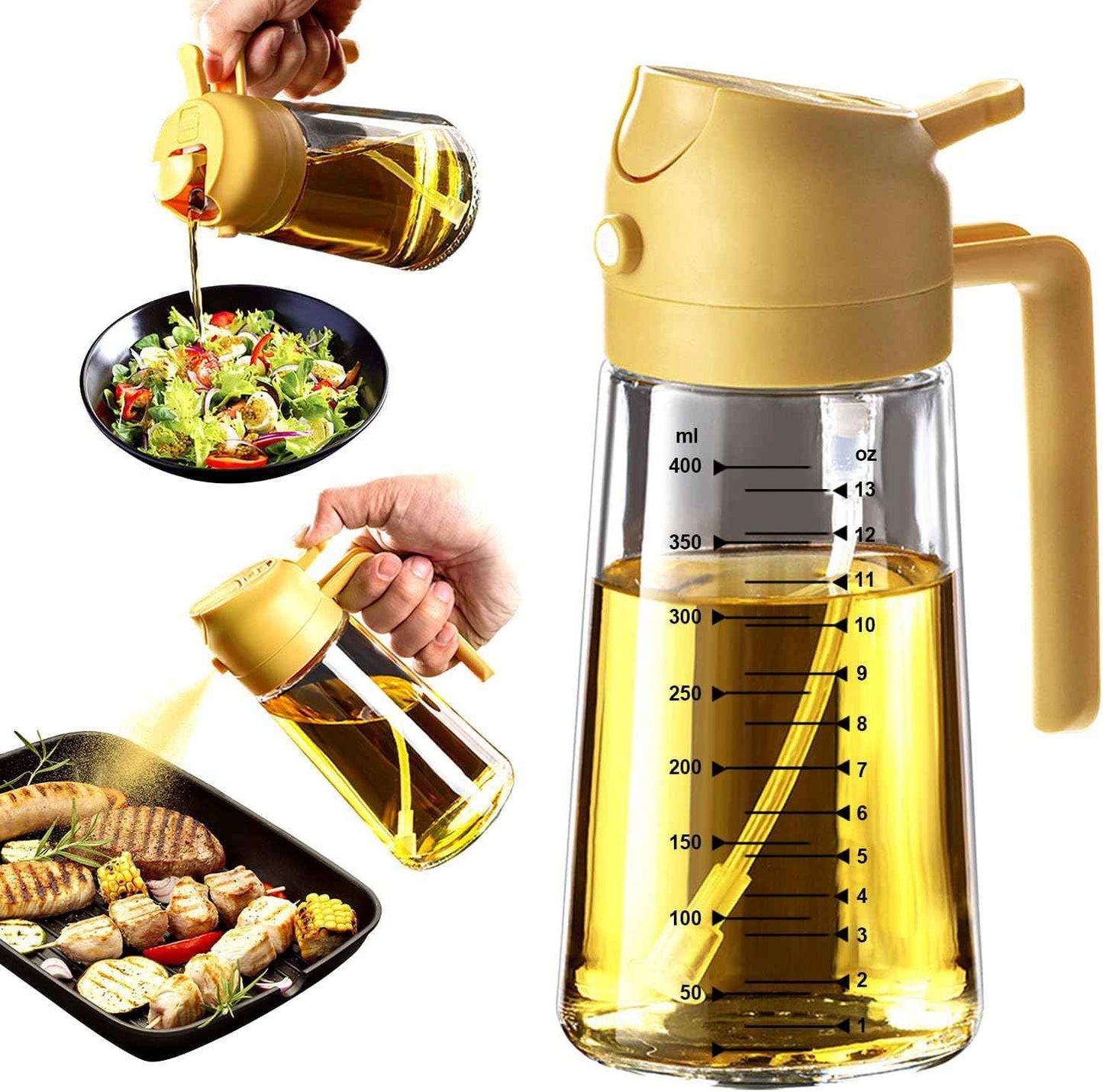 TrendPlain 16oz/470ml Glass Olive Oil Sprayer for Cooking – 2 in 1 Olive Oil Dispenser Bottle for Kitchen Gadgets and Air Fryer Accessories, Salad, BBQ - Black