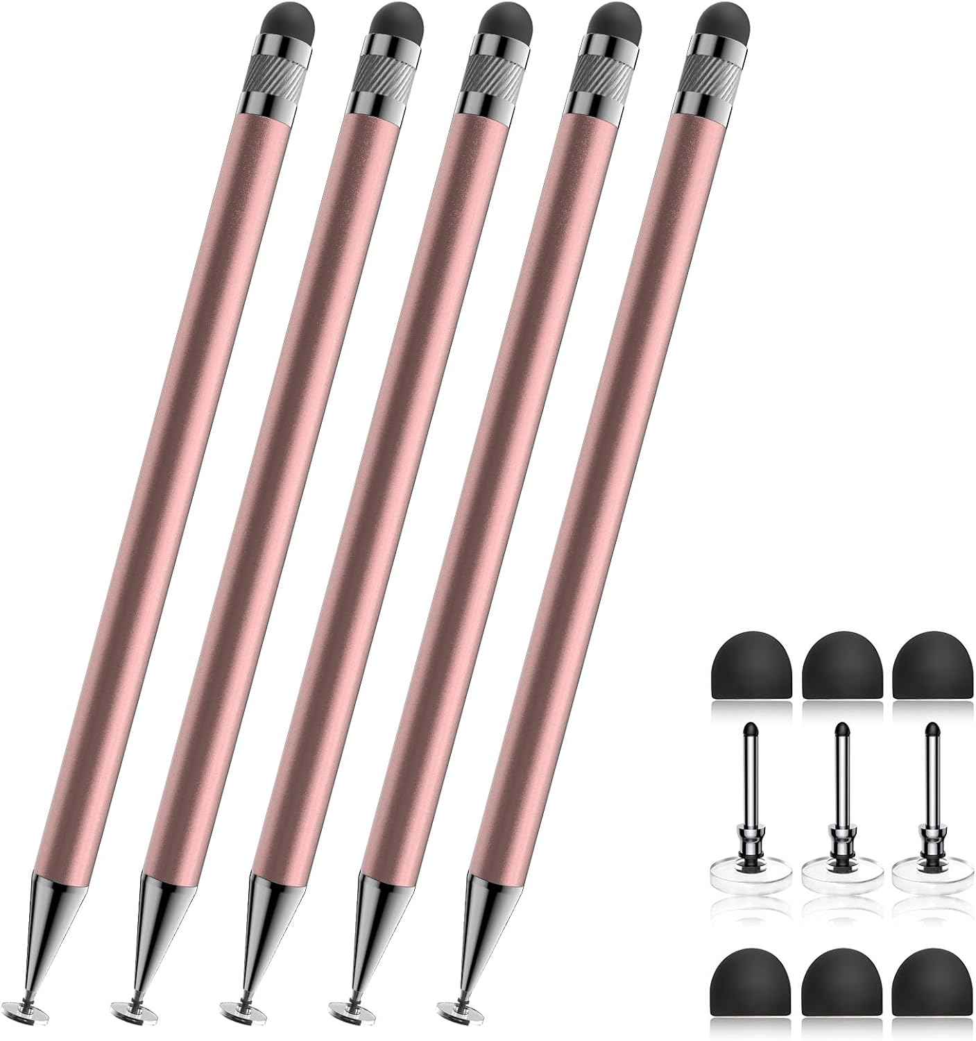 Bopomofo Stylus (5 Pcs), 2-in-1 Stylus Pen for Touch Screen, High Precision and Sensitivity, Suitable for iPhone/ipad/Android Tablets, Compatible with Touch Screens (Black/White/Blue/Rose Gold/Silver)
