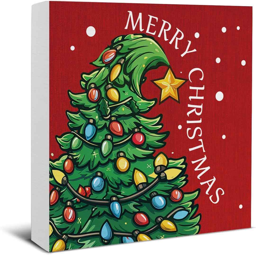 Christmas Bathroom Decorations - Funny Christmas Decor, He Sees You When You're Pooping Bathroom Wooden Sign, Home Decor for Desk Table Shelf 5 X 5 Inches