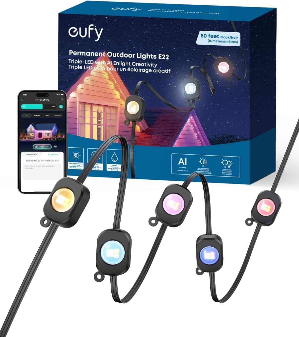 eufy Permanent Outdoor Lights E22, 100ft with 60 Triple-LED Lights, Smart RGBWW for Christmas, Daily and Holiday, IP67 Waterproof, AI Lighting Themes for Christmas Decorations, Links with Cameras
