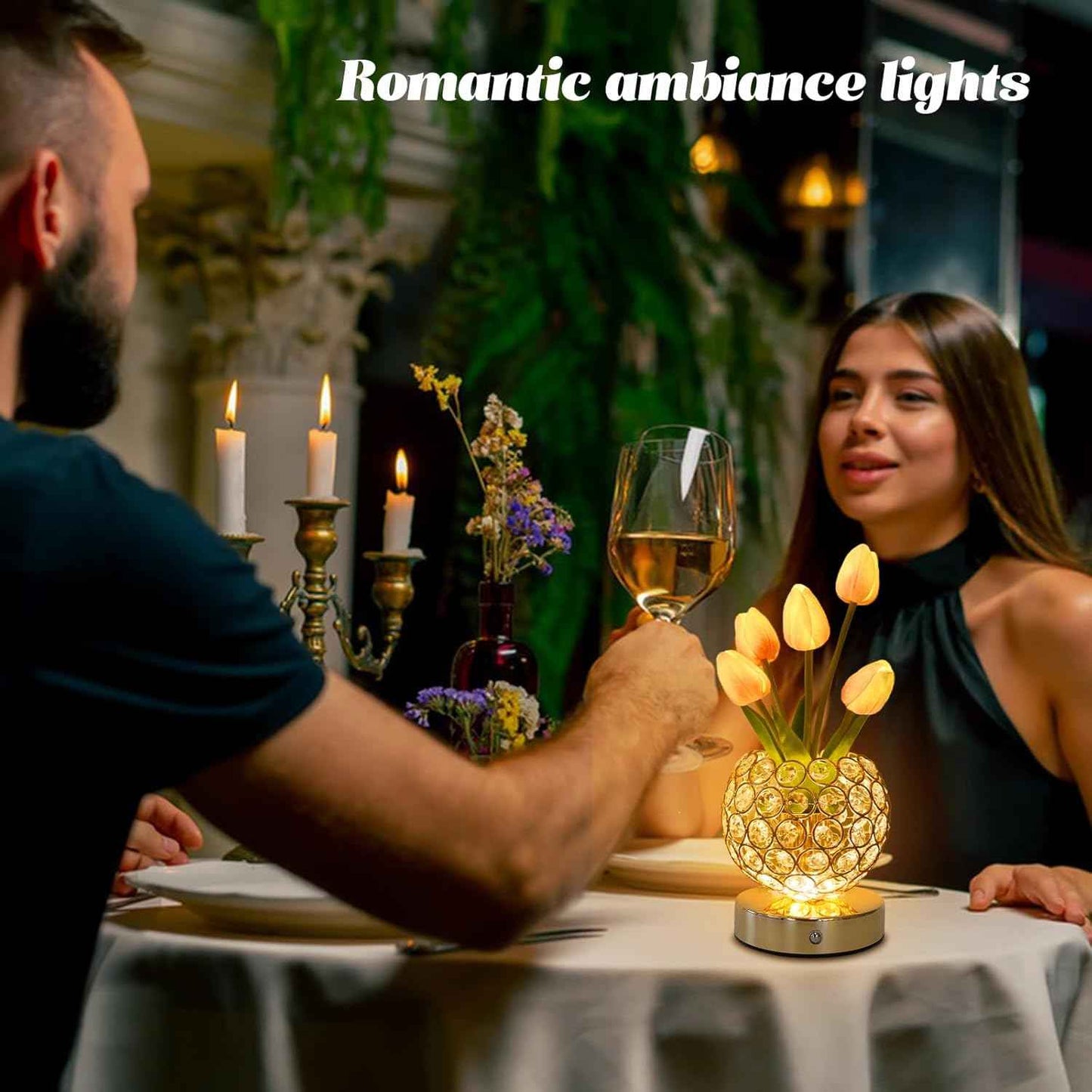 Tulip Crystal Flower Lamp Touch Lamp,Rechargeable Cordless Table Lamp, 3-Colour Infinitely Dimming Battery Powered Small Night Light,Gift for Mom for Valentine Day,Mothers Day,Xmas,Birthday (Pink)