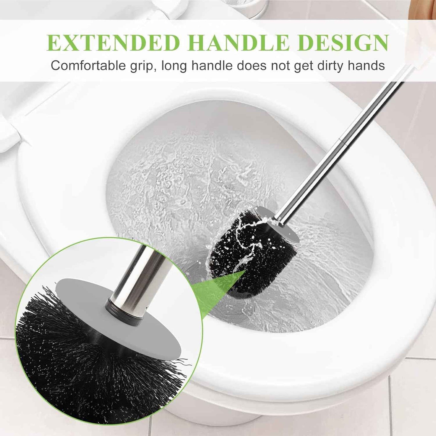 Compact Toilet Brush & Holder, Stainless Steel Handle, Space Saving for Storage, Deep Cleaning, Drip-Proof, Easy to Assemble, Nylon Bristles, White & Grey