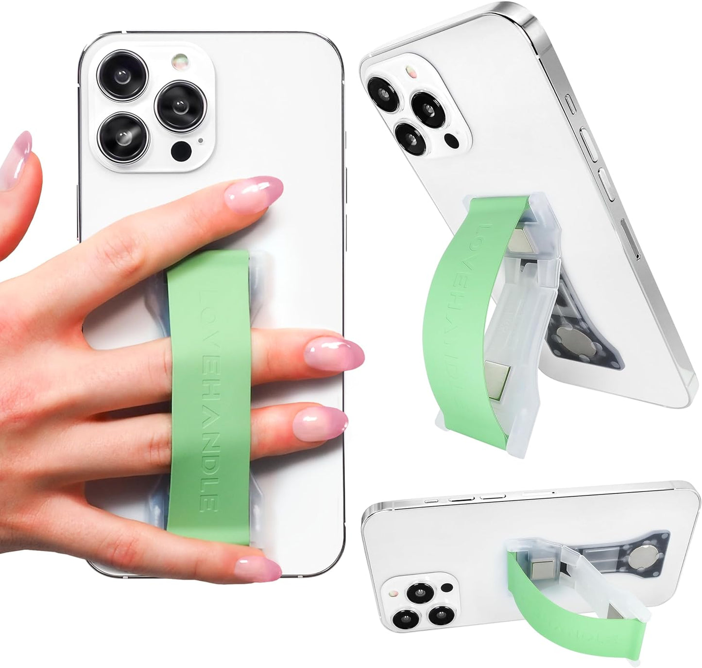LOVEHANDLE PRO Premium Phone Grip - Silicone Phone Strap - Magnetic Phone Mount and Kickstand for Smartphone and Tablet - Natural Glow Silicone