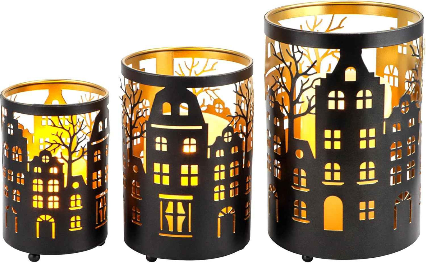 TRIROCKS Christmas Candle Lantern 7" H Etched Metal Candle Holder Christmas Decorations for Living Room Kitchen Tabletop Parties Patio Outdoors Indoors(3PCS;Bronze House)