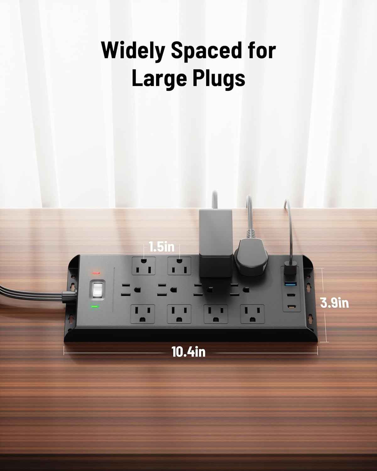 Surge Protector Power Strip 4800J, LeZone 10Ft Long Extension Cord Flat Plug, 12 Outlets 2 USB C 2 USB Ports, Wall Mountable, 20W Desk Charging Station, Black