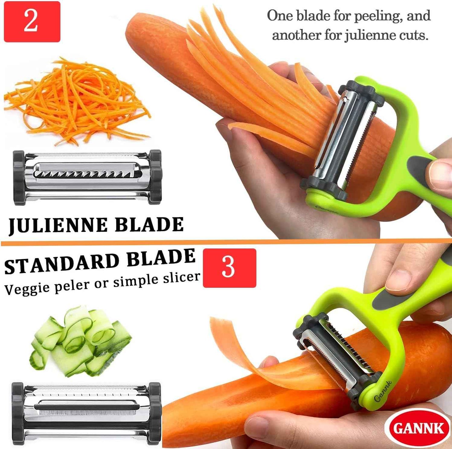 GANNK Potato Apple Vegetable Peelers for Kitchen, I and Y Peelers for Fruit Veggie Potatoes Carrot Cucumber, 3 in 1 Blade Spin Design With Julienne Function