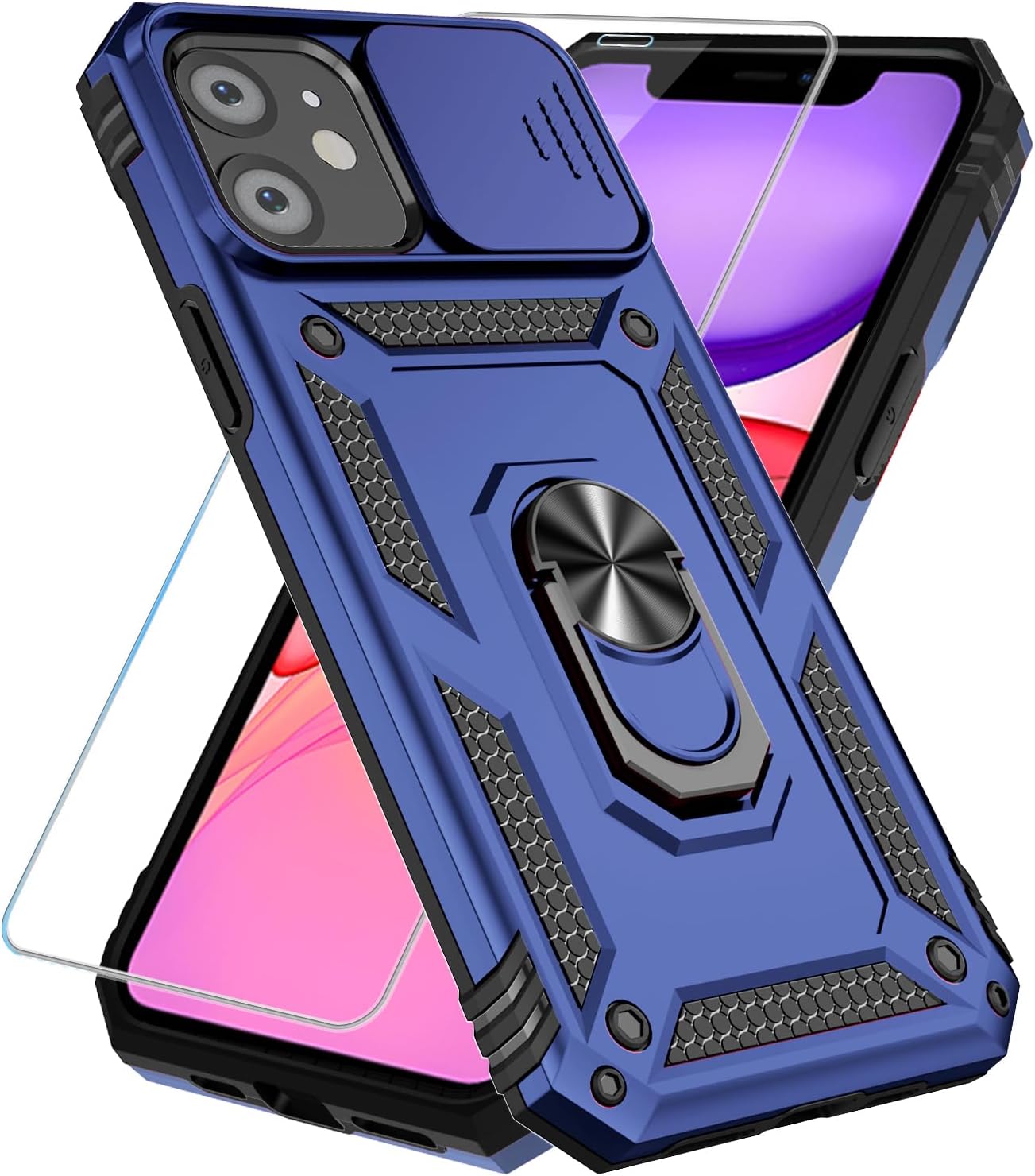 SunStory Phone Case for iPhone 16 6.1" with HD Screen Protector | Slide Camera Cover | Rotated Ring Kickstand | Military-Grade Protection | Red