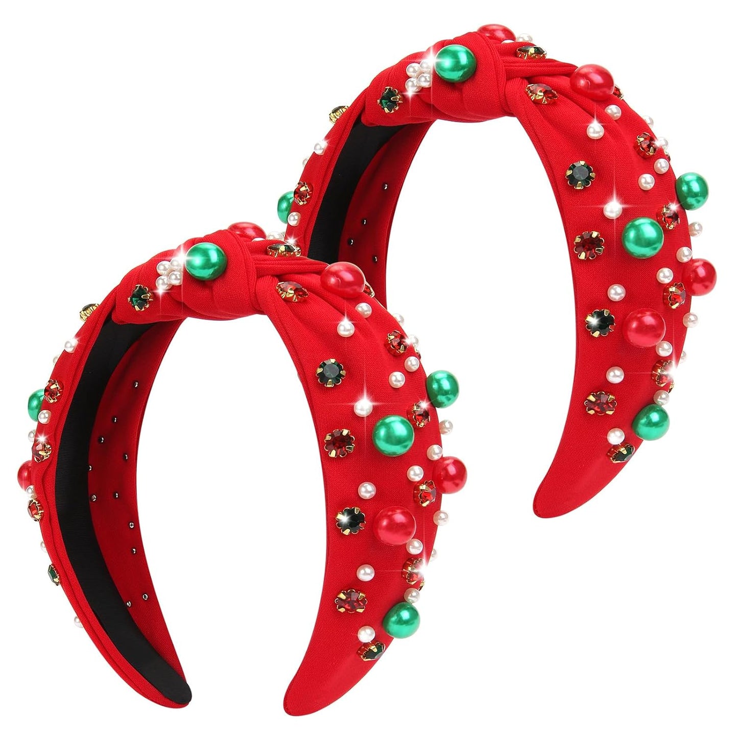2Pcs Christmas Headbands for Women - Red Green Pearl Rhinestone Crystal Jeweled Christmas Headband - Womens Headbands Fashion Elegant Wide Top Knot for Women Holiday Clothes Accessories(Red Green)