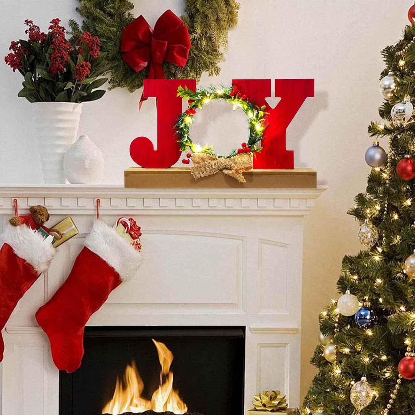 Christmas Decorations for Home LED Lighted JOY Decor Farmhouse Wooden Wreath Tabletop Merry Christmas Signs Rustic Holiday Block cIndoor Decorative Sign