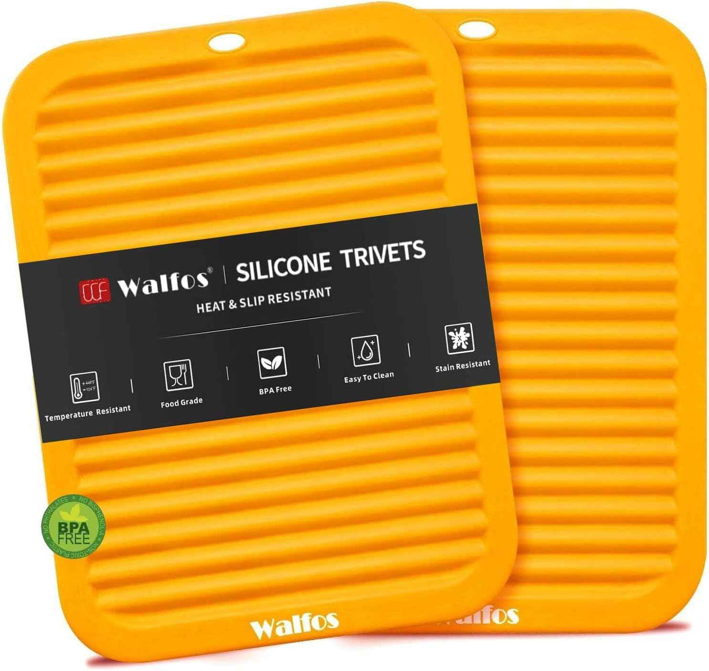 Walfos Silicone Trivet Mats - 4 Heat Resistant Pot Holders, Multipurpose Non-Slip Hot Pads for Kitchen Potholders, Hot Dishers, Jar Opener, Spoon Holder, Food Grade Silicone & BPA Free (Black)