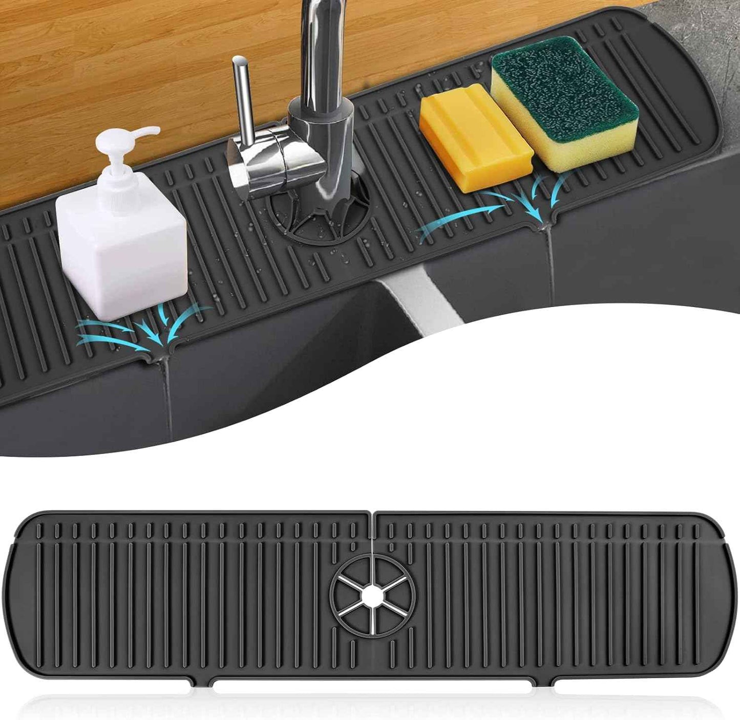 BFONS Silicone Faucet Handle Drip Catcher Drying Tray Mat Dish Soap Sponge Holder Accessories Gadgets for Kitchen Counter Bathroom Kitchen Sink Splash Guard -Grey