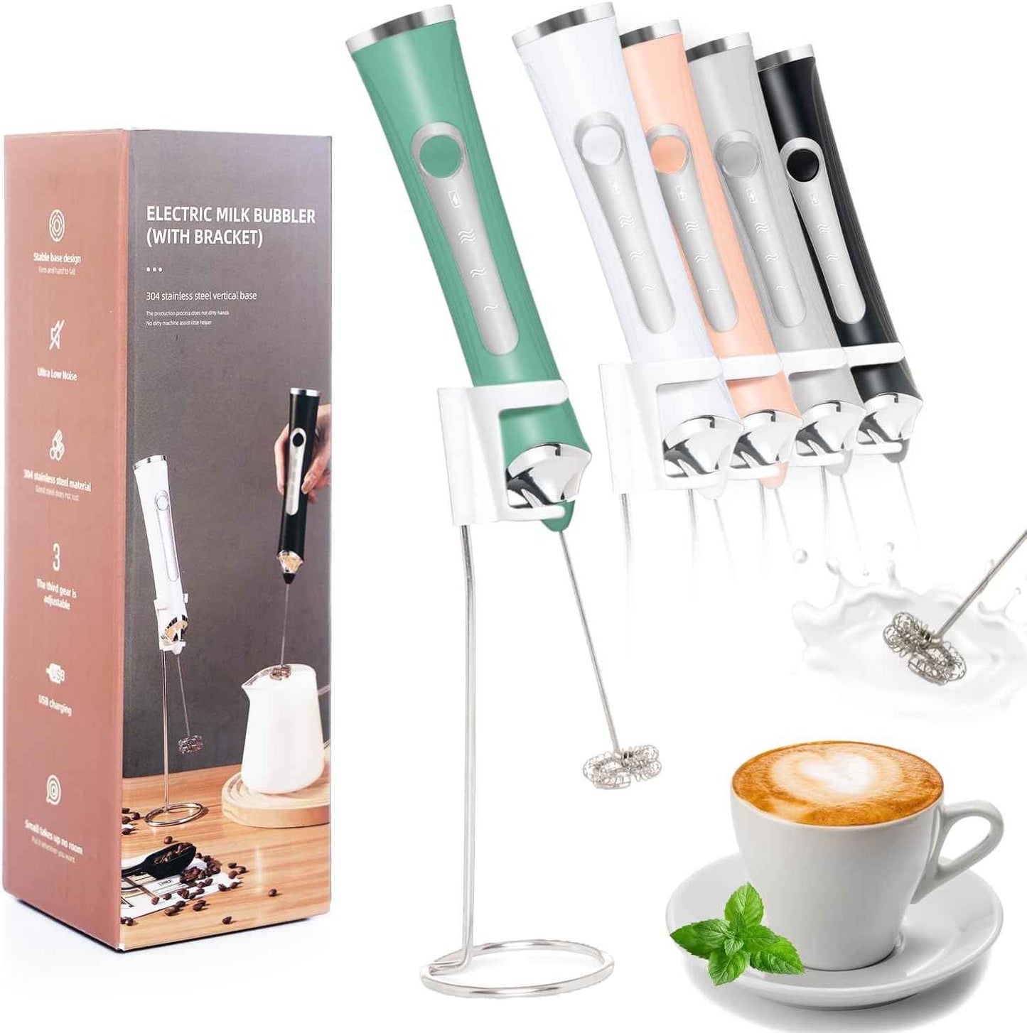 Rechargeable Milk Frother Handheld For Coffee,3 Speeds Frother Wand With Stand, Batidora De Mano Electrica,Coffee Frother With 2 Heads,Drink Mixer Electric Handheld,Kitchen Essentials(Black)