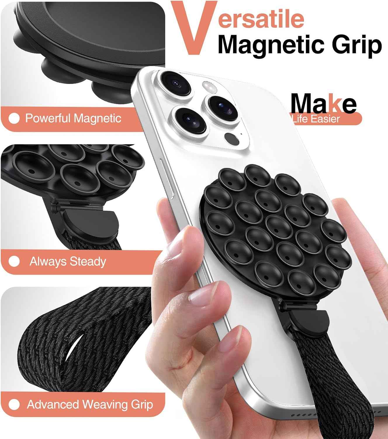 MagSuction Grip Magnetic Phone Grip Holder for MagSafe, Silicone Suction Phone Mount, Adjustable Kickstand with Finger Loop, Compatible with iPhone 16/15/14/13/12 Series (Black)
