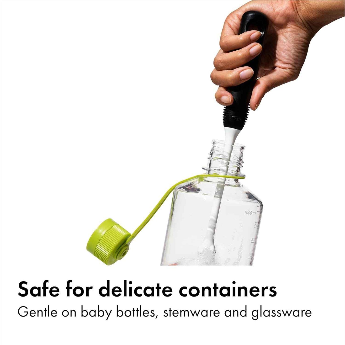 OXO Good Grips Bottle Brush, Dual-Bristle Cleaning for Bottles, Pitchers and Carafes, Flexible Neck Scrub Brush, Safe for Stemware and Delicate Glassware, Dishwasher Safe
