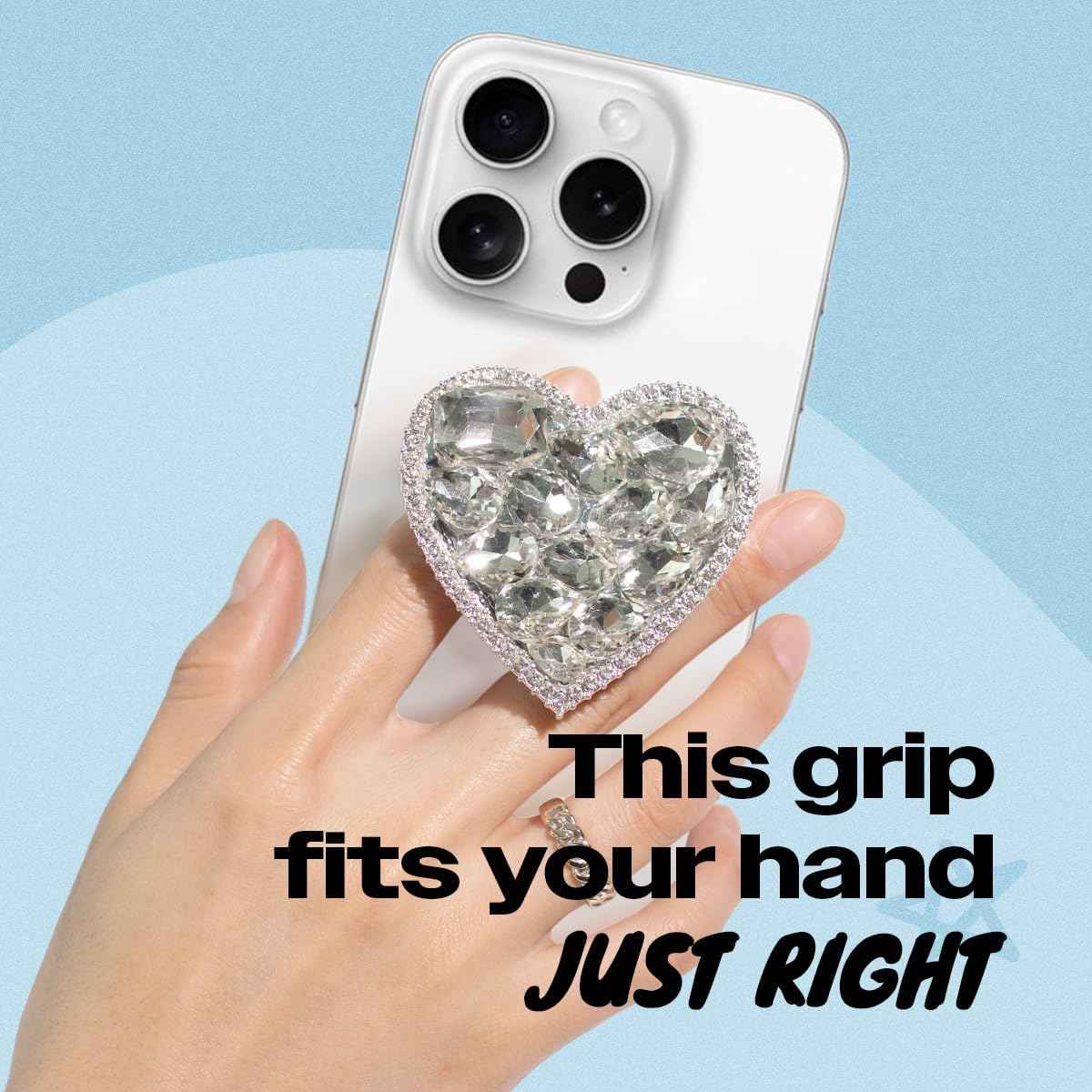 OnTheGrip Cute Cubic Diamond Heart Shape Design Collapsible Expandible Mobile Phone Grip Stand Holder for Smartphone Tablet Cell Phone Accessory (Silver Big)