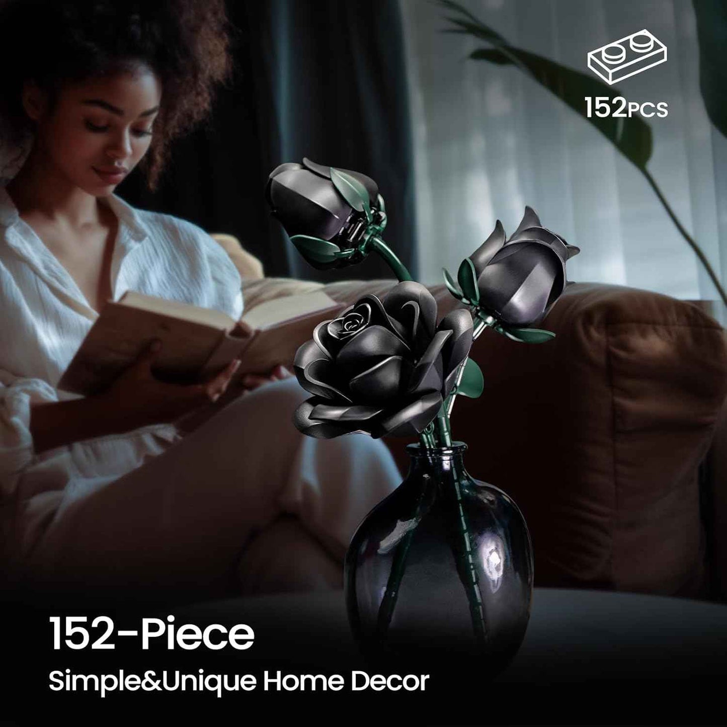 iATOM Black Roses Flower Building Set - 3Pack, Gift for Valentine's Day for Her/Mom/Girlfriend/Wife/Couple, Gothic Romantic Emo Horror Retro Artificial Flowers Botanical Collection Home Decor