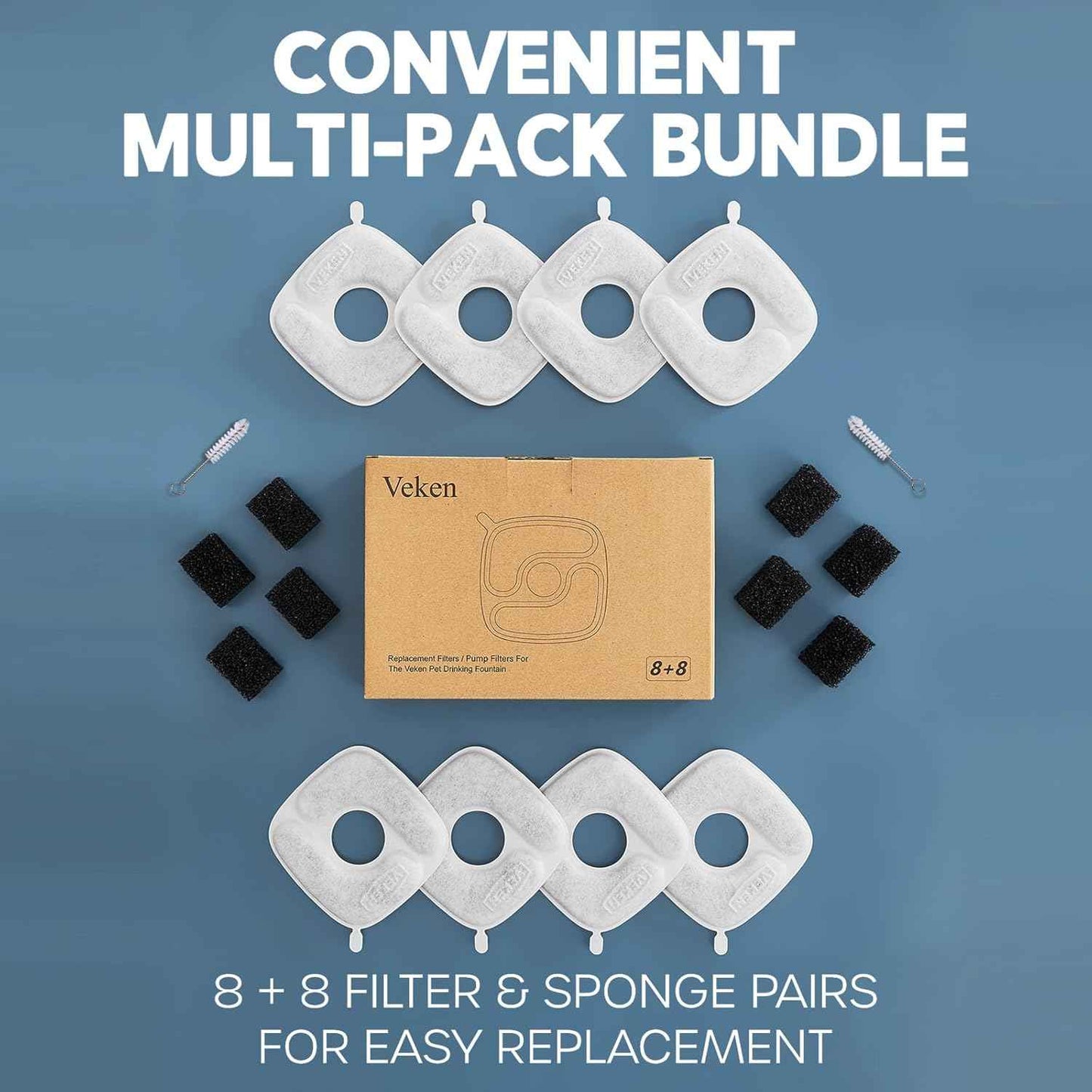 Veken Cat Water Fountain Filters, 8 Pack Replacement Filters & 8 Pack Replacement Pre-Filter Sponges Set for 50oz, 84oz, 95oz or 108oz Automatic Pet Fountain Dog Water Dispenser