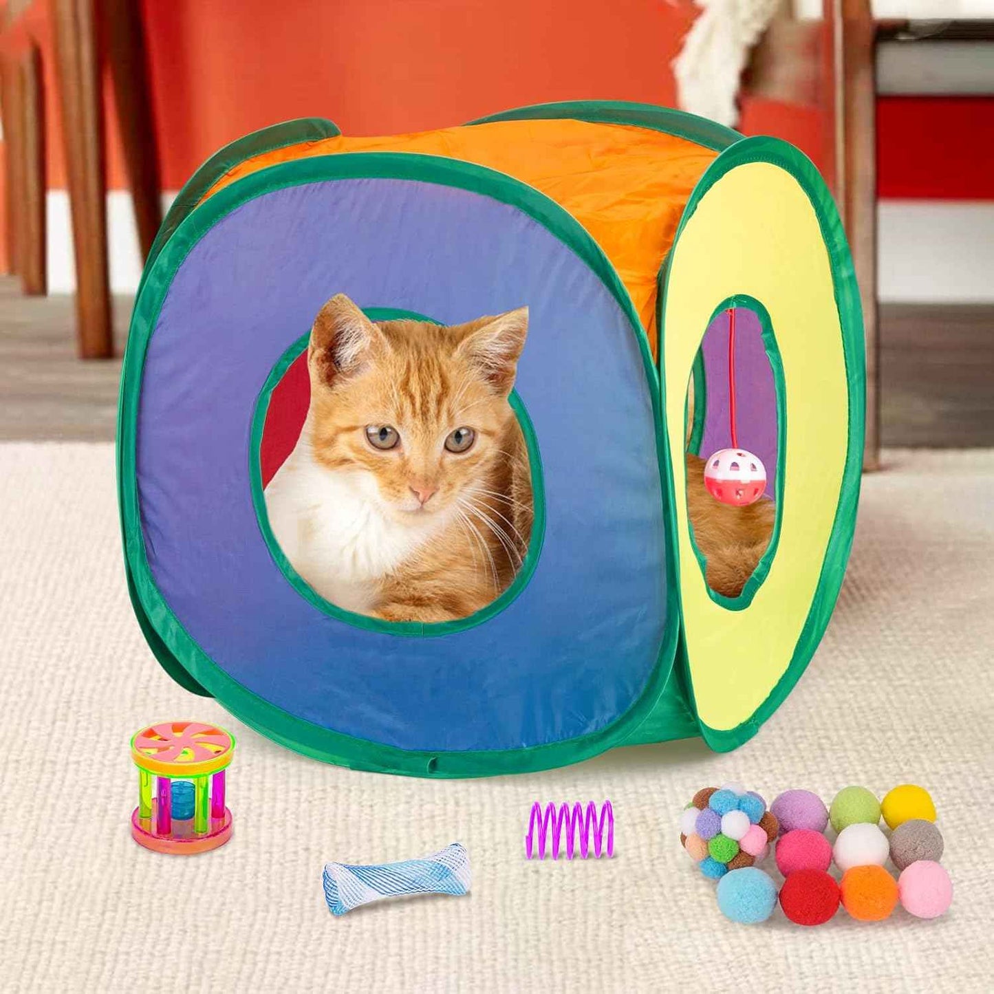 Retro Shaw Cat Toys Pack 33Pcs, Interactive Kitten Toys for Indoor Cats Kitty with Collapsible Play Tunnel Tube Tent Feather Wand Teaser Bell Fuzzy Ball Springs Mouse Toy
