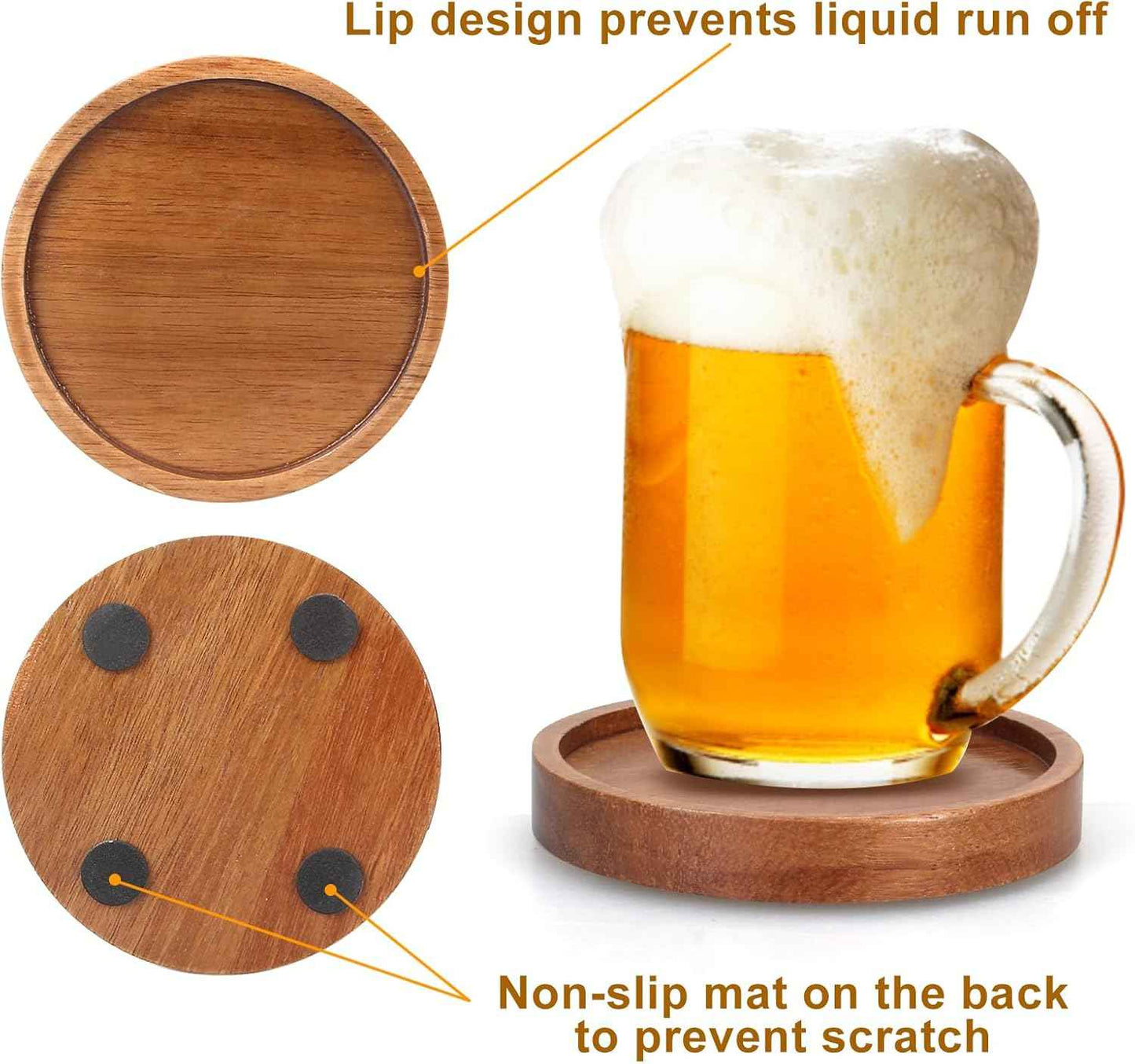 6 Pcs Best Wooden Coasters with Holder Coffee Table Decor Acacia Wood Coaster Set Modern Cup Coaster for Drink Home Dining Table Kitchen Accessories Cute Beer Bar Decorative Rustic Outdoor Coasters