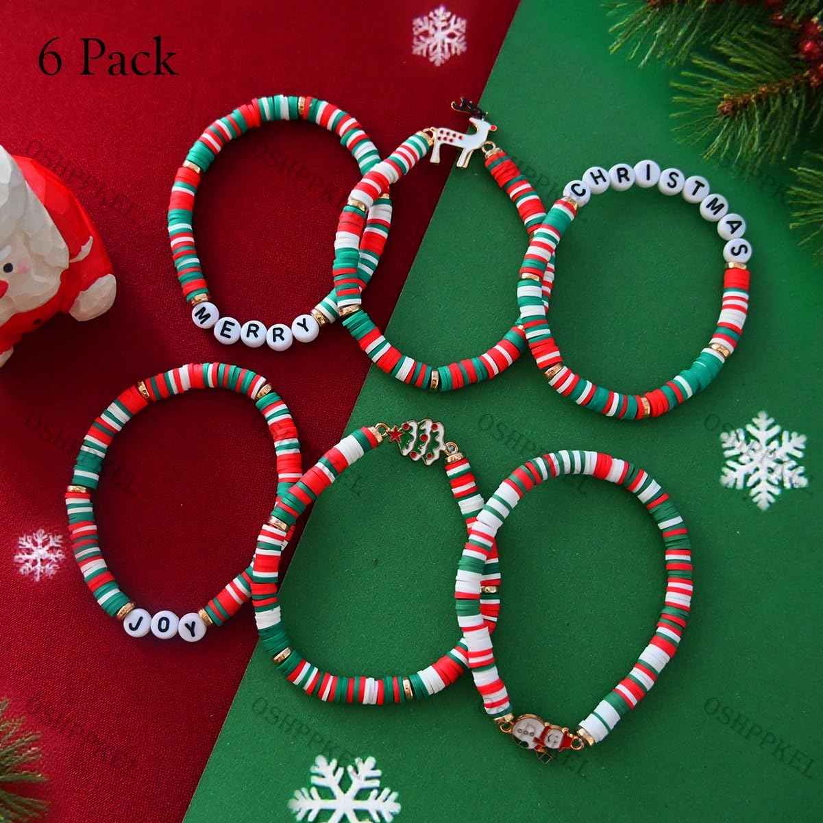 Christmas Gifts Girl Bracelets 6 Pack Polymer Clay Jewelry Merry Christmas Gifts for Women Teens Girl Gifts