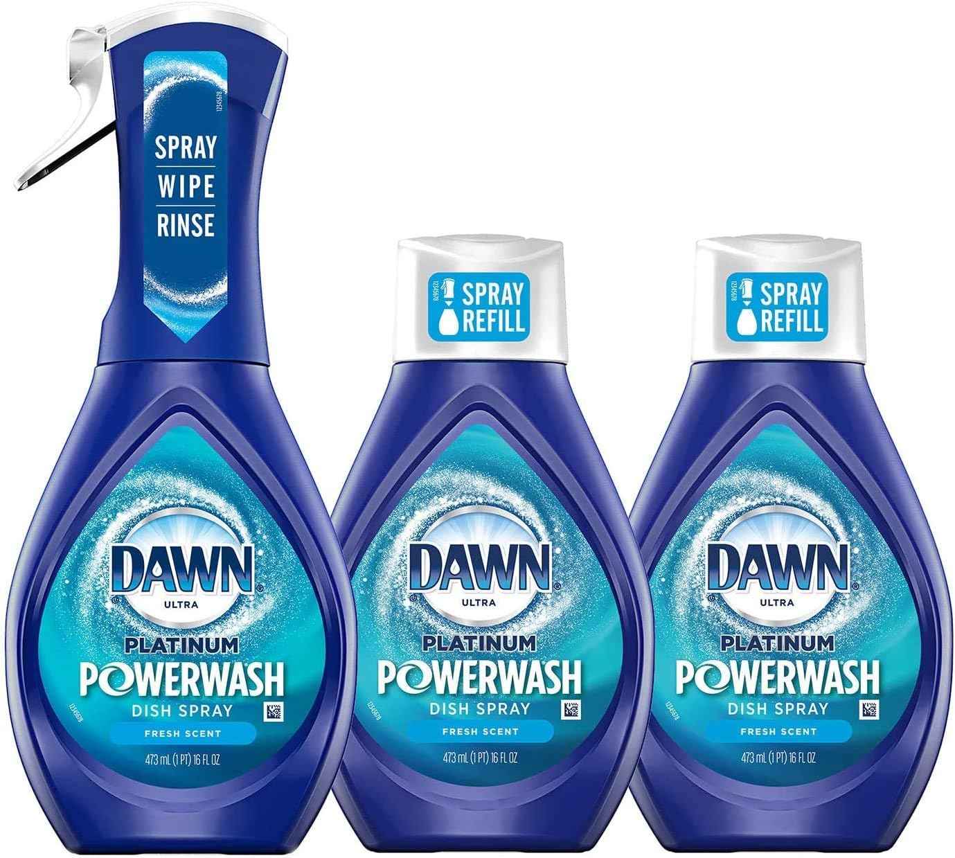 Dawn Platinum Powerwash Dish Spray, Dish Soap Liquid, Fresh Scent Bundle, 1 Spray (16oz) + 3 Refills (16oz each)(Pack of 4)