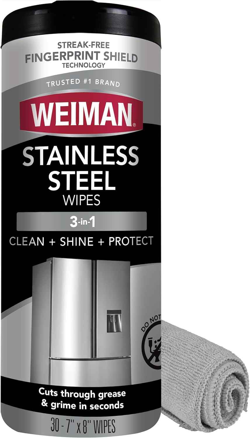 Weiman Stainless Steel Cleaner, 30 Count Cleaning Wipes, Removes Dirt, Grime, and Grease, No Streaks or Residue, Stainless Steel Polish for a Sparkling Clean and Shiny Surface, Cleaning Supplies