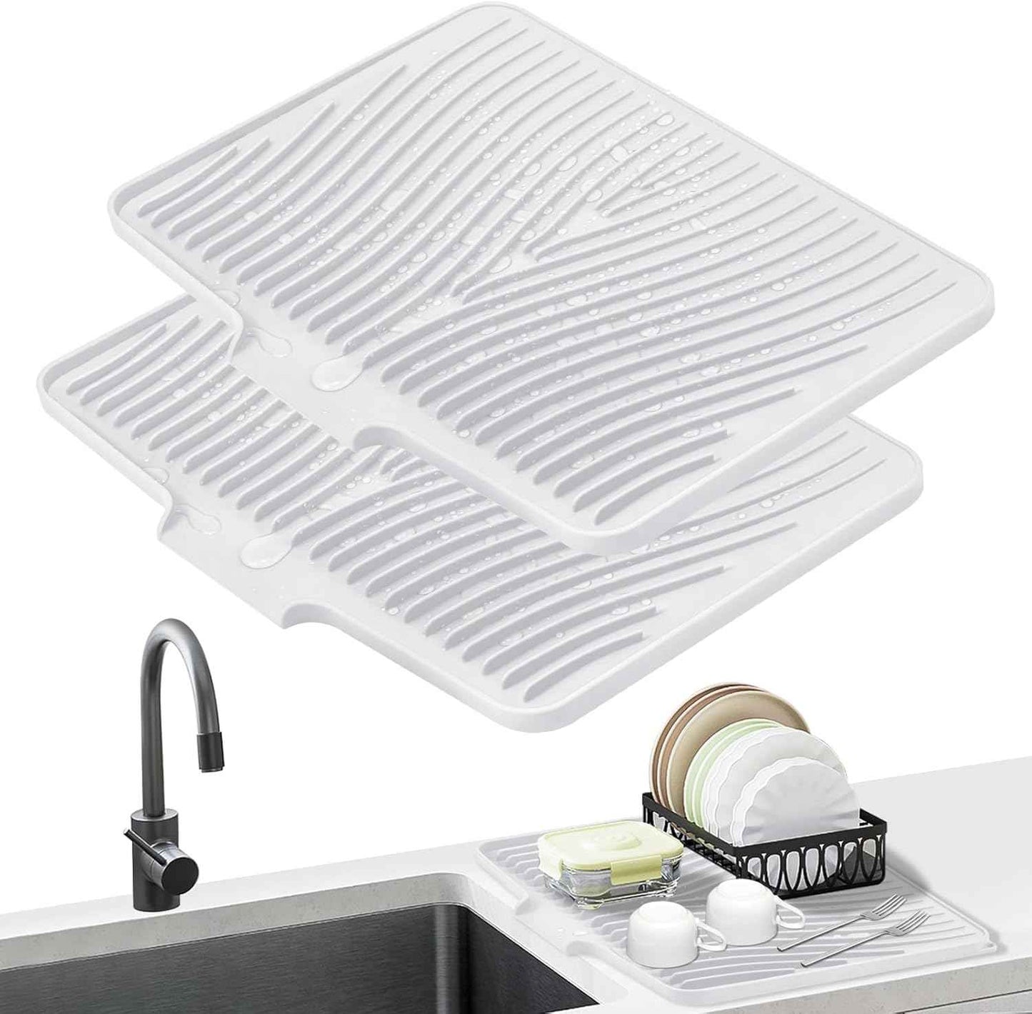 Silicone Dish Drying Mat for Kitchen Counter, Dish Drying Pad, Non-Slip Drain Pad with Built-in Drain, Heat Resistant Stone Drying Mat(15.8" x 13", Grey)