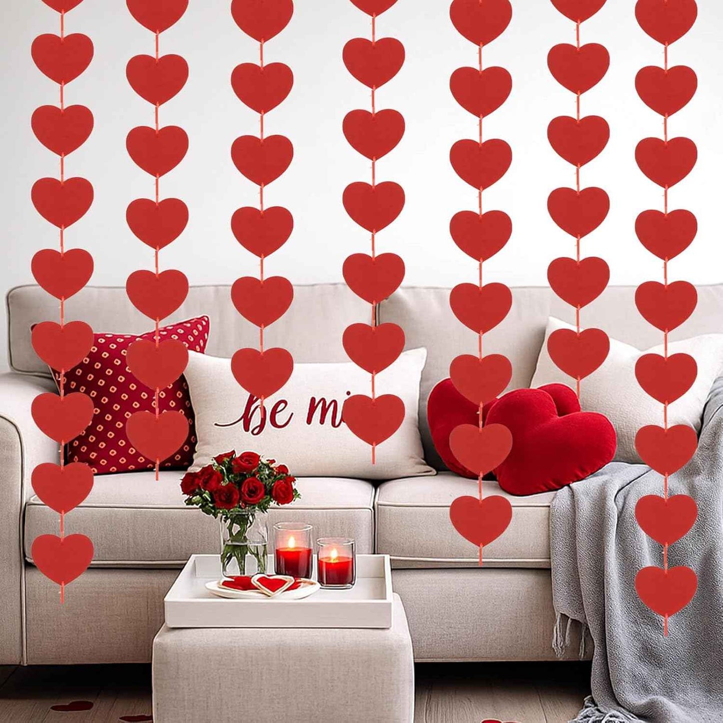 Valentines Day Decorations Heart Garland Hanging, Pre-Strung 80Pcs Felt Red Heart String Garland Valentines Day Banner Party Decor- Valentines Decor, Galentines Wedding Hearts Decorations