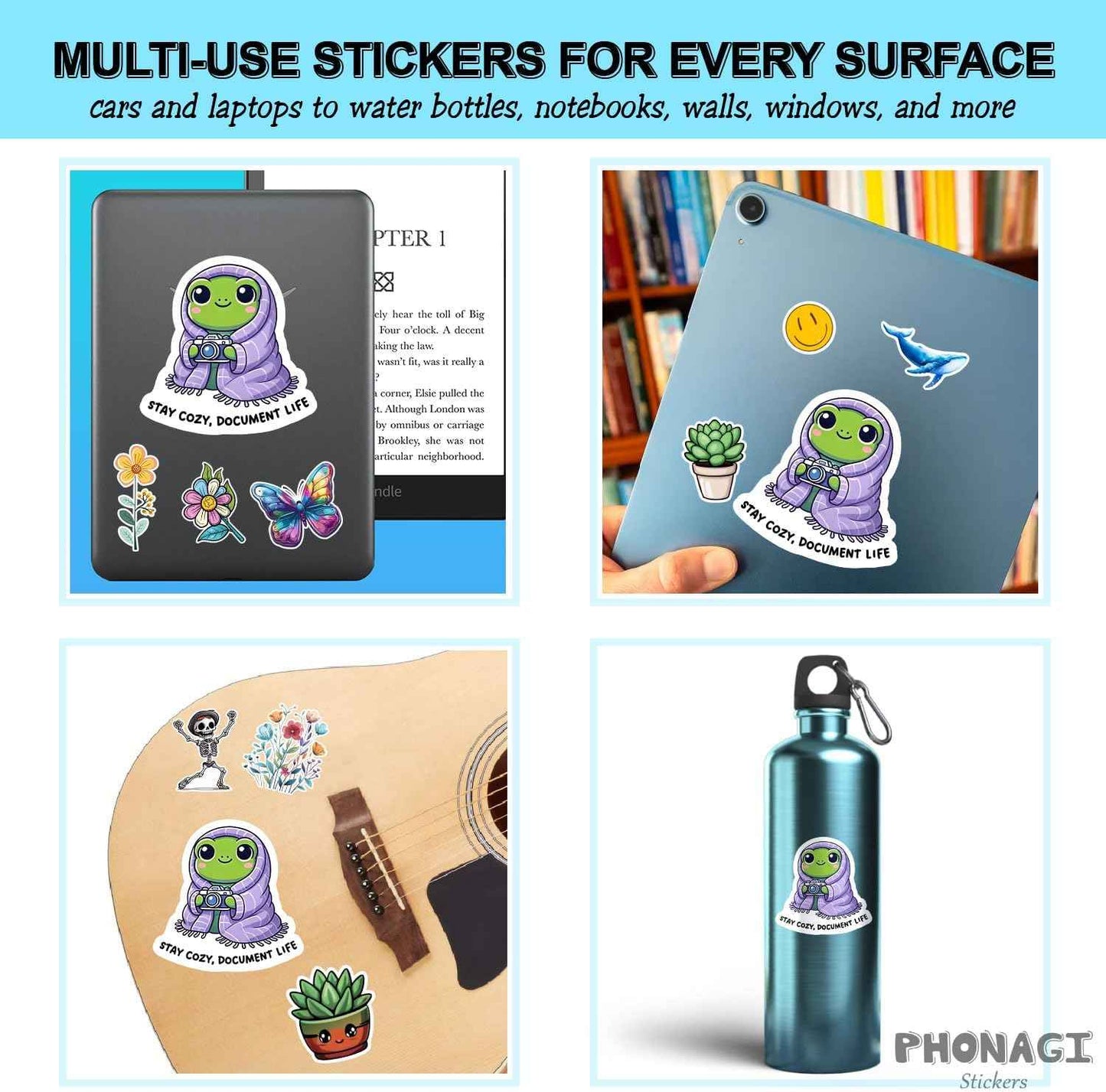 (4 Pack) Cozy Frog Stickers, 3" Cute Vinyl Decals for Journals, Tea Lovers, Laptops, Water Bottles, Scrapbooks & Gifting, Waterproof Aesthetic Sticker Set