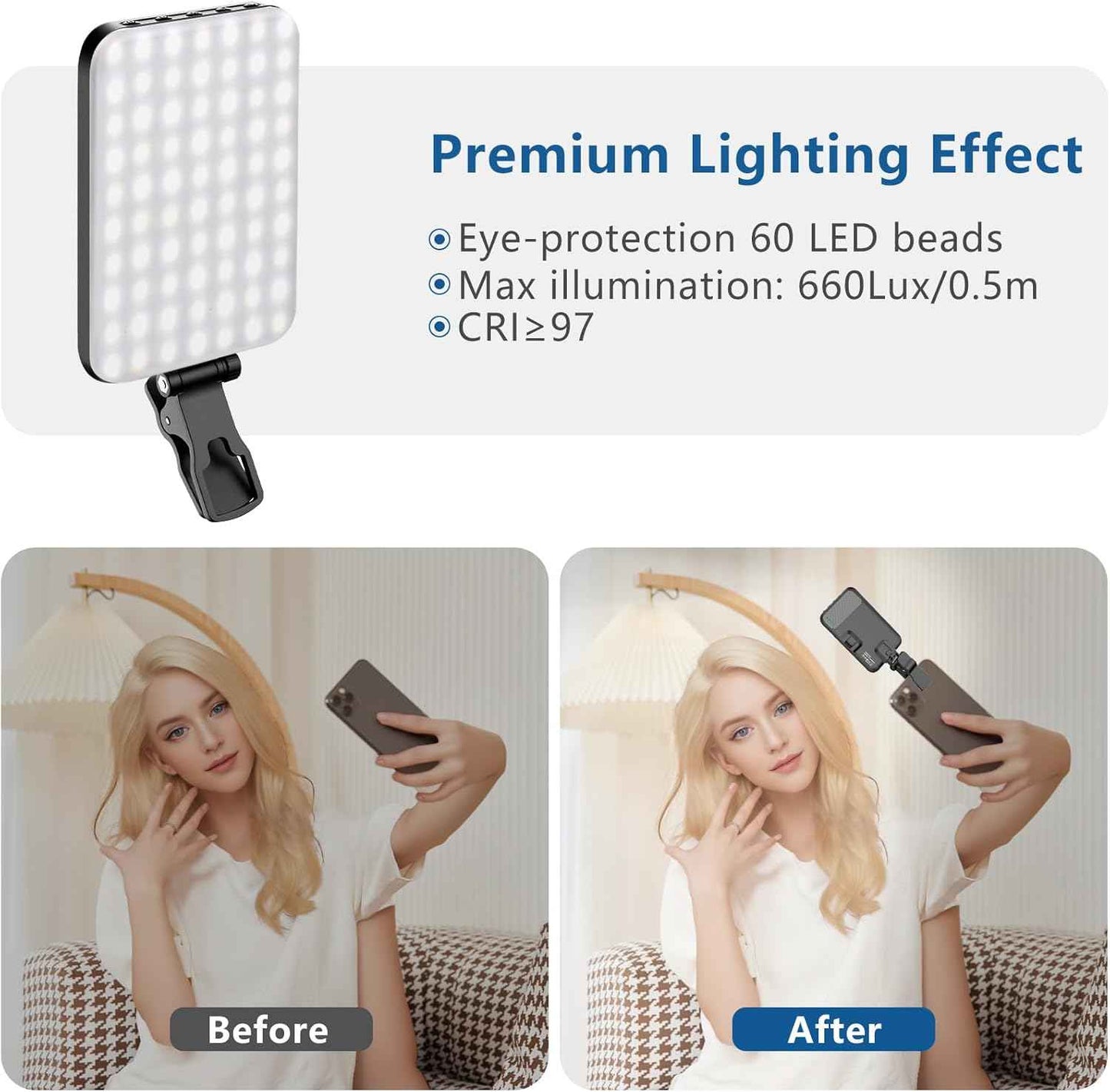 ALTSON 60 LED Portable Selfie Light Video Conference Lighting with Clip & Camera Tripod Adapter Rechargeable 2200mAh CRI 97+, 3 Light Modes for Phone iPhone Webcam Laptop Photo Makeup