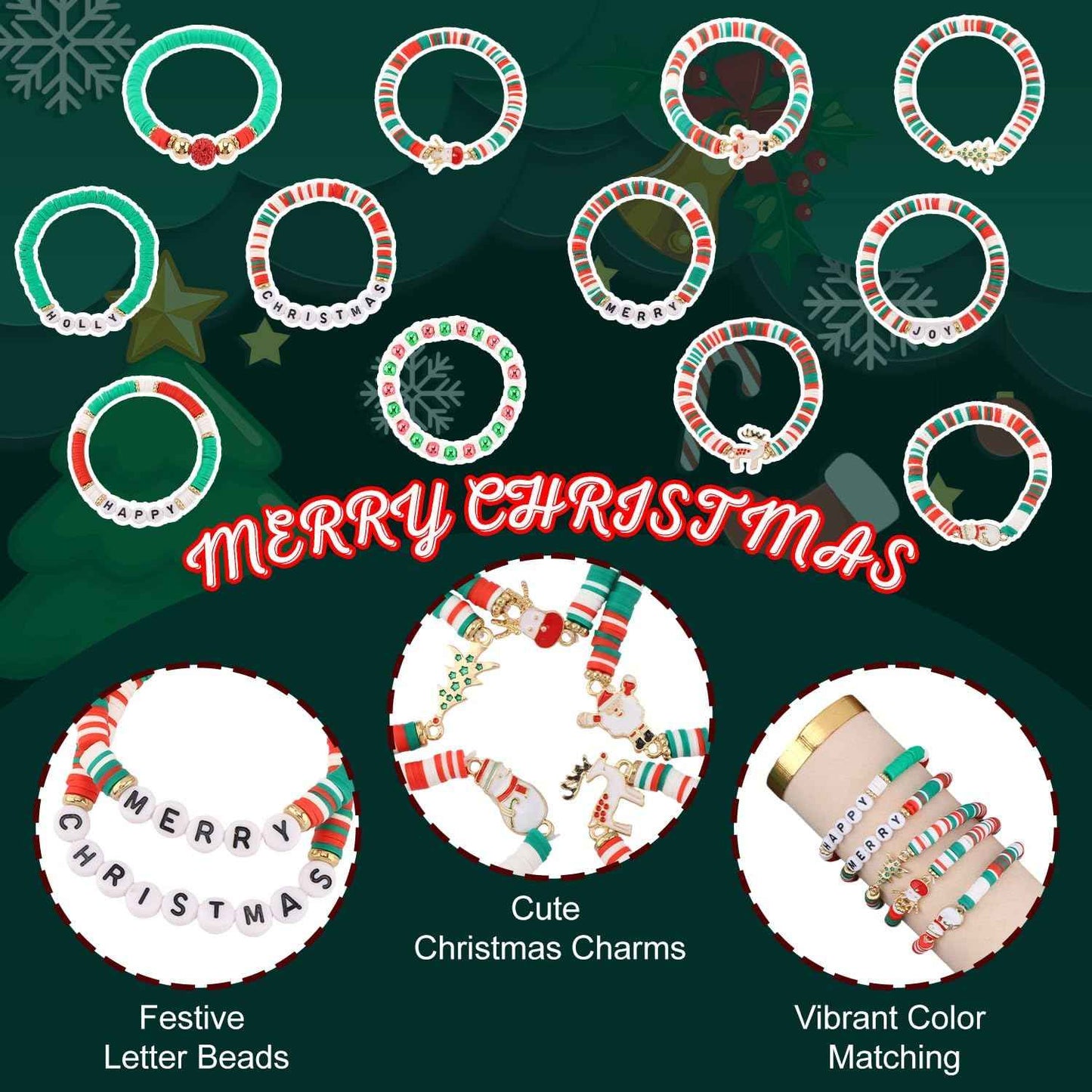 CUBACO 12 Pack Christmas Bracelets Jewelry for Women Handmade Candy Beaded Bracelets Letter Stretch Bracelet Bulk White Red Green Friendship Christmas Decorations Holiday Stocking Stuffers Gifts