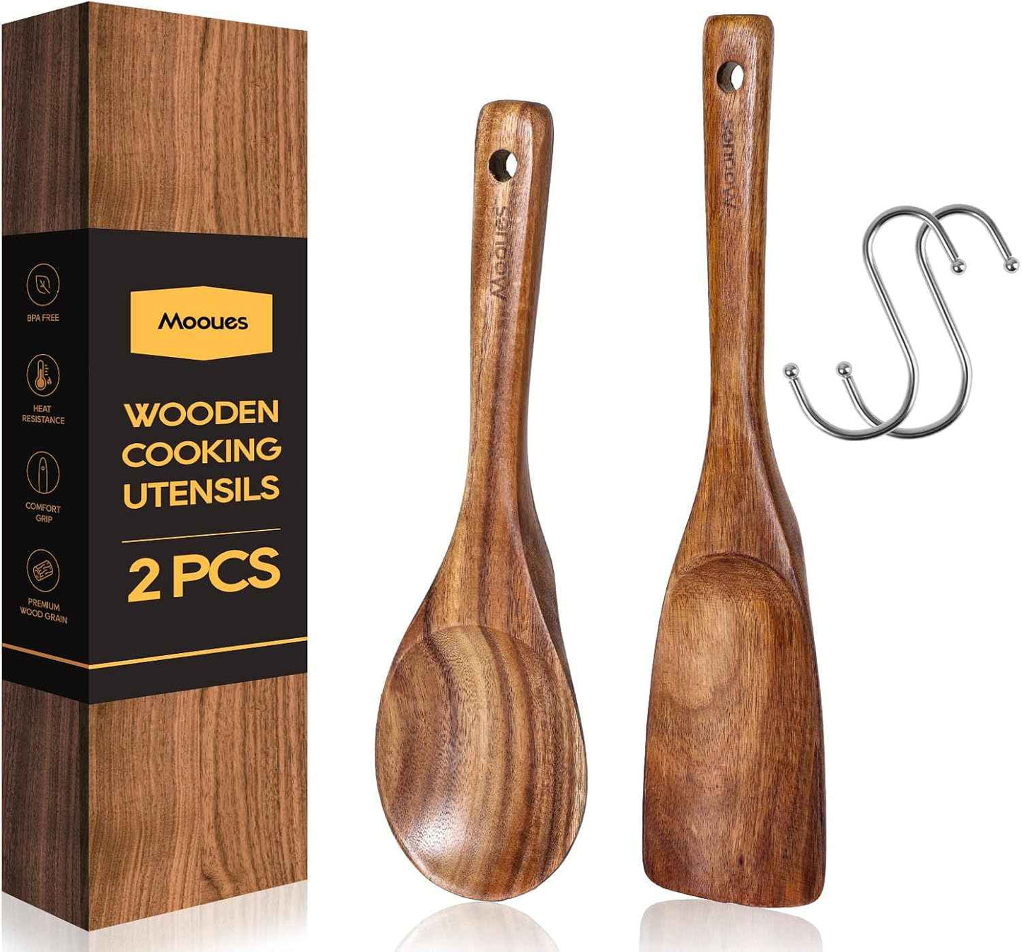 9 Piece Natural Teak Wooden Kitchen Utensil Set with Spoon Rest - Comfort Grip Cooking Spoons and Utensils Holder