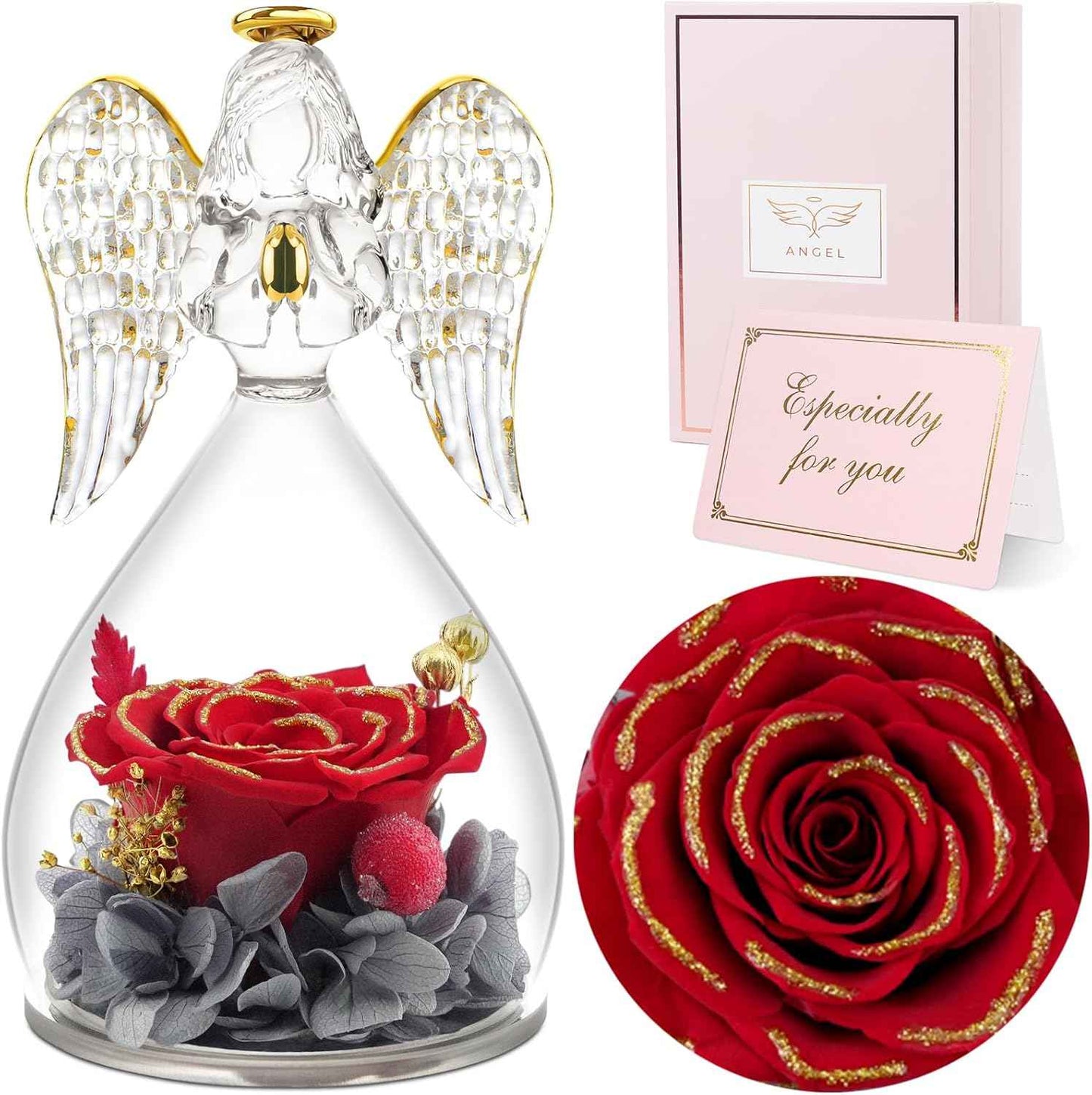 Sunia Valentines Day Rose Gifts for Women, Birthday Gifts for Mom Grandma, Forever Preserved Flower in Glass Angel Figurines Flowers for Delivery Prime, Mothers Day Real Roses for Her Wife