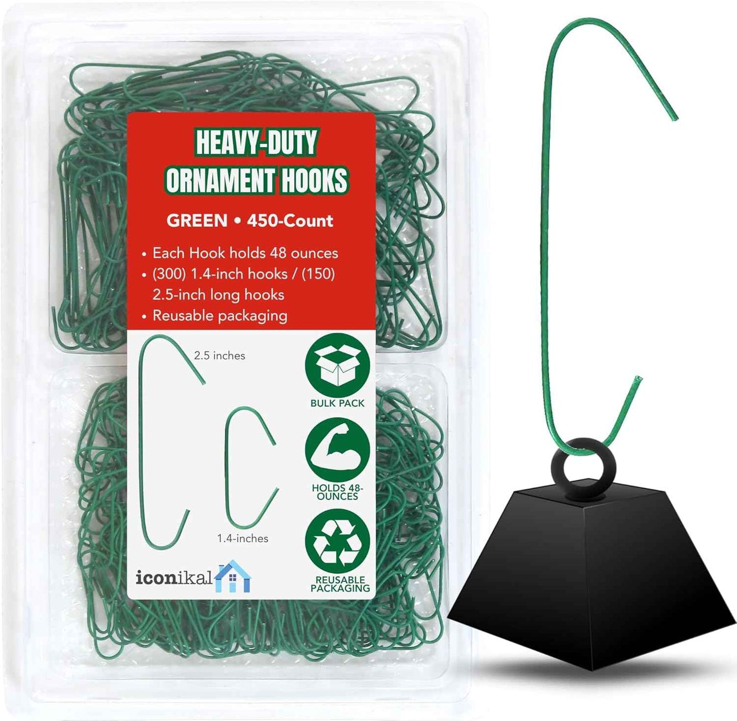 Iconikal 450-Count Green Ornament Hooks Heavy Duty 1.4 & 2.5-Inch Christmas Tree Hangers for Large Small Decorations Blends with Tree Bulk Pack