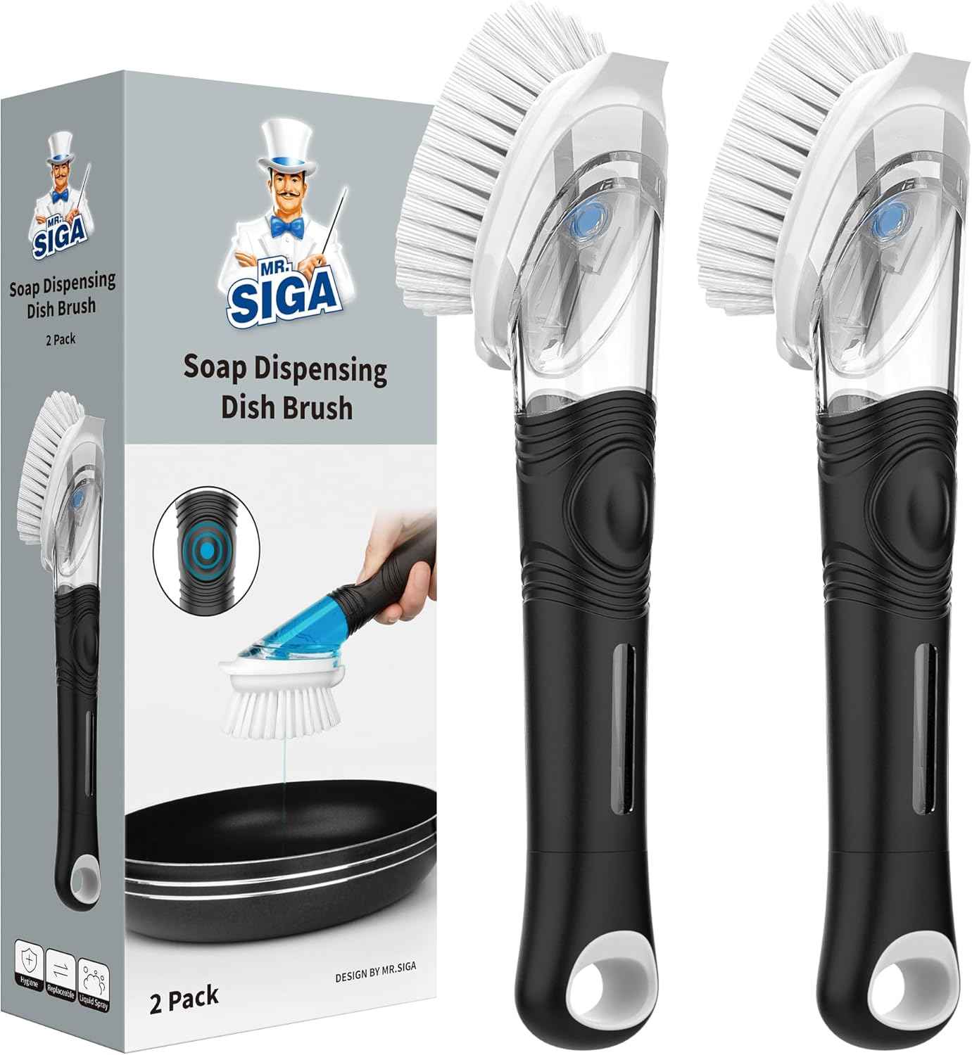MR.SIGA Soap Dispensing Dish Brush, Kitchen Brush for Pot Pan Sink Cleaning, Black