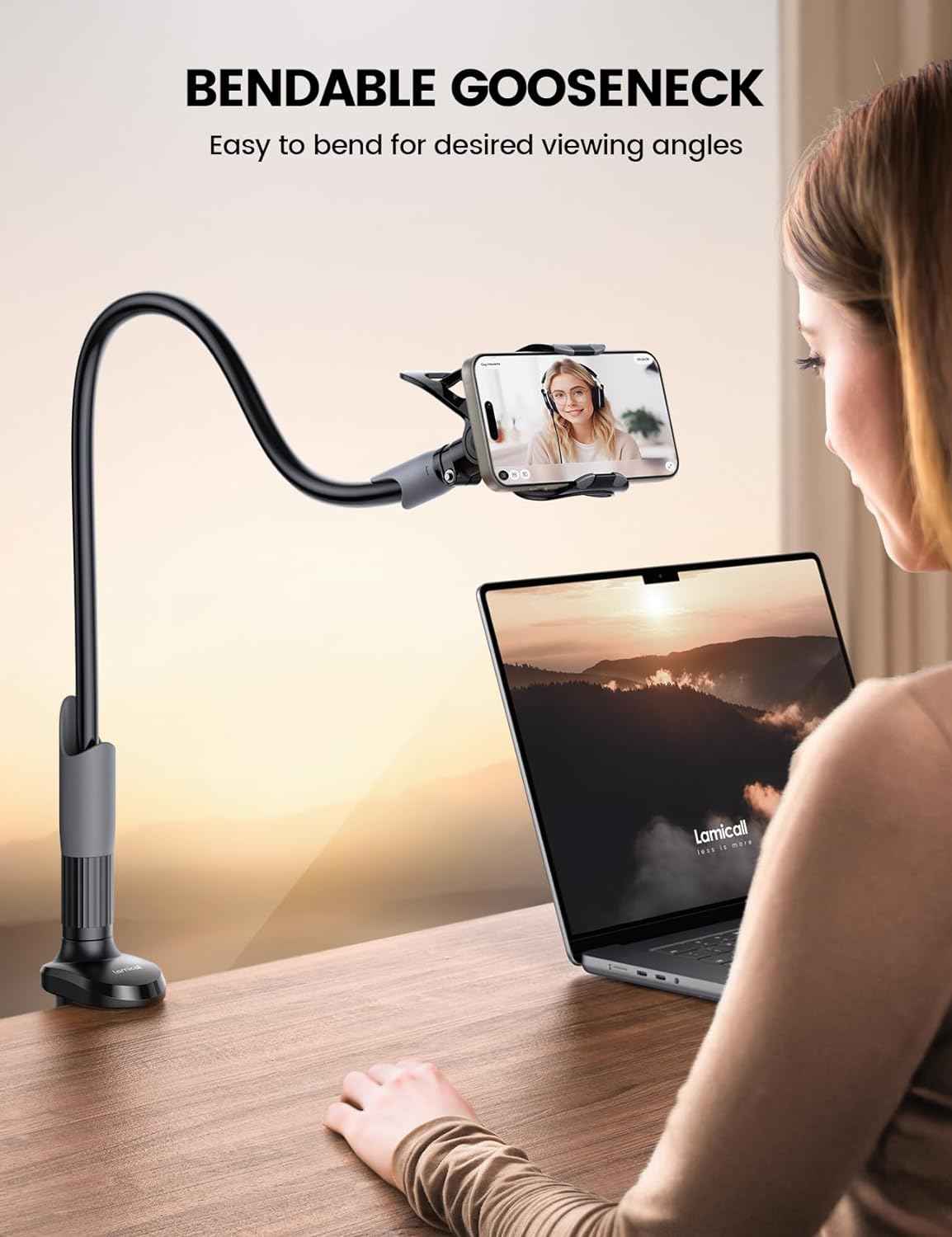 Lamicall Gooseneck Phone Holder for Bed - Cell Phone Mount Clamp Clip, Flexible Long Arm, Overhead Mount for Desk Headboard Bedside, for iPhone Air 17 Pro Max, 16 Pro Max, 15, 14 & 4-7" Phone