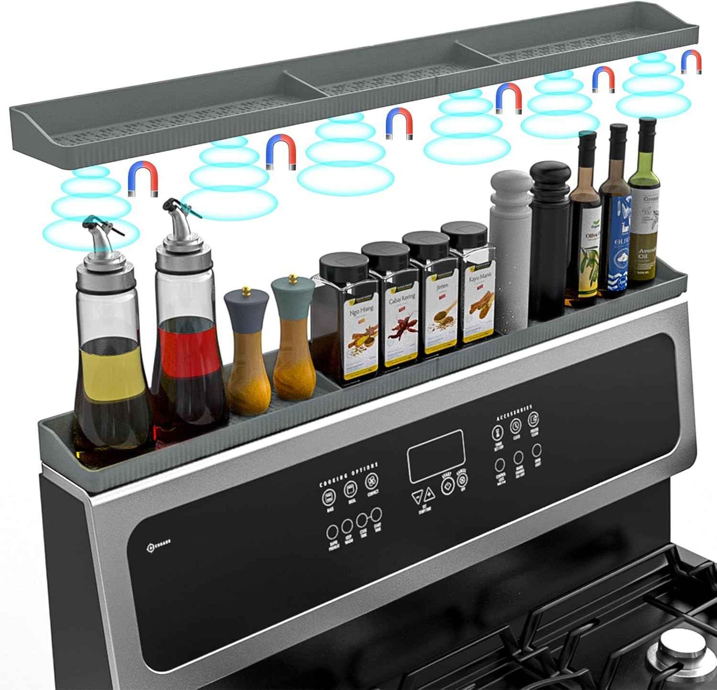 30 Inch Silicone Stove Top Shelf Magnetic for Kitchen Gadgets, Soft Flexible Strong Magnetic Heat Resistant Spice Rack Kitchen Organizer for Over Stove