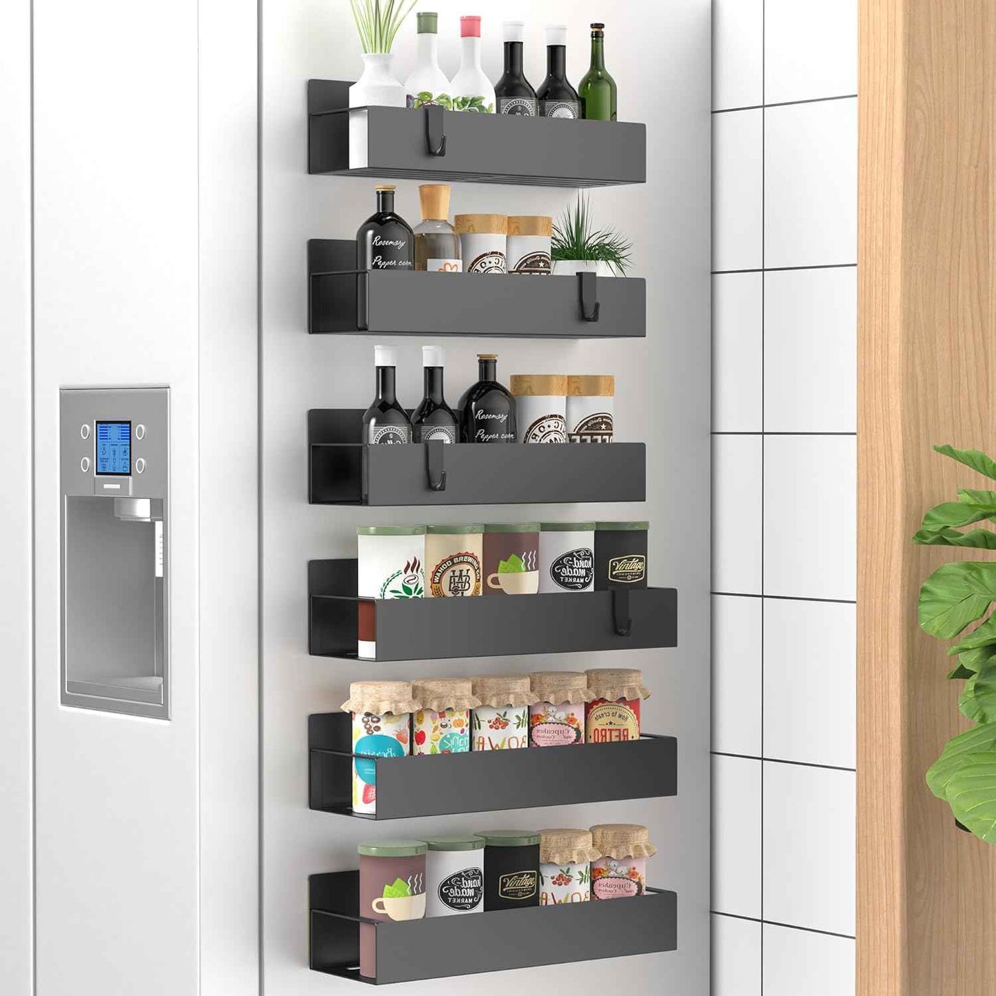 Metal 4 Pack Magnetic Spice Storage Rack Organizer for Refrigerator and Oven, Black Fridge Organizers and Storage