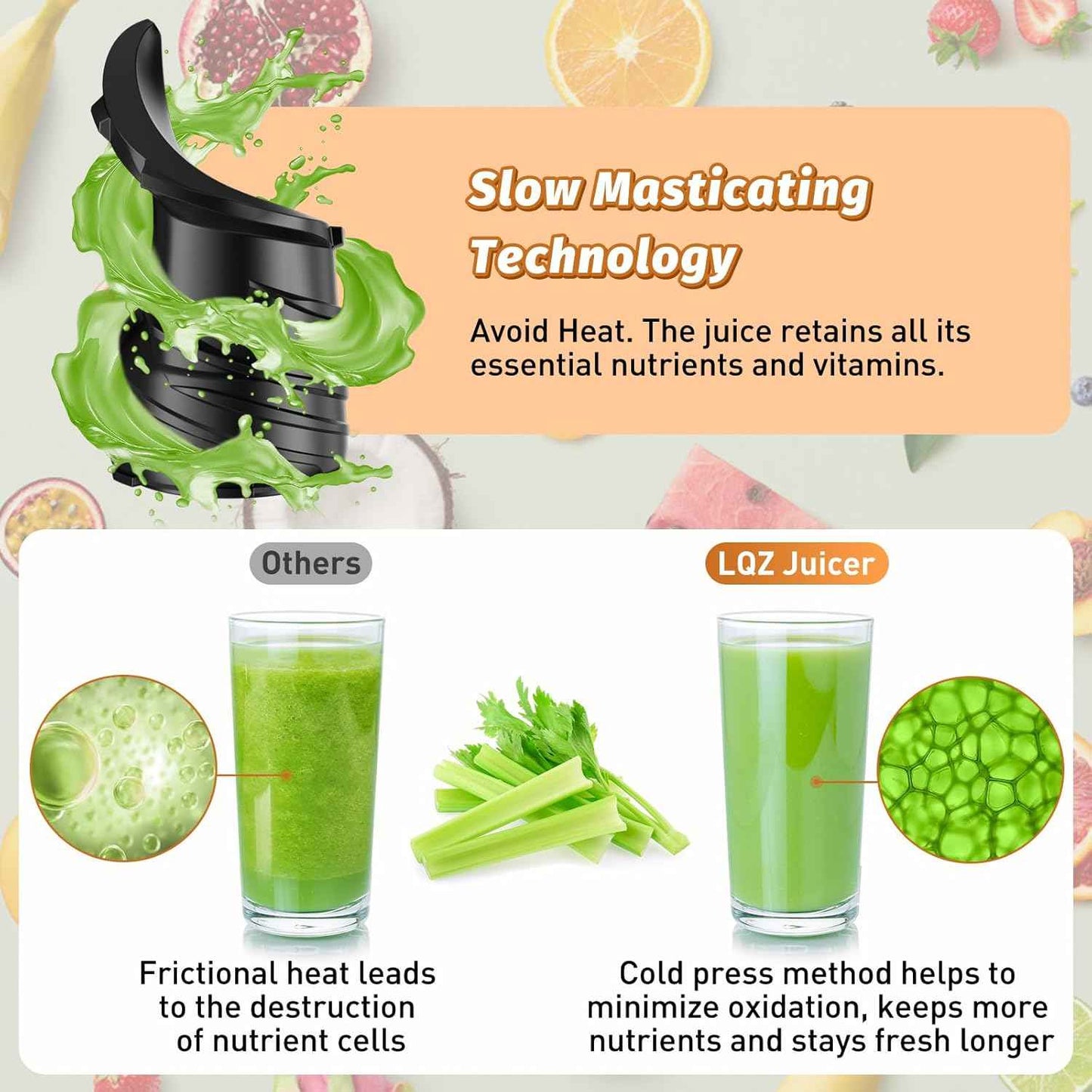 cold press juicer with 5.4" wide feed chute for juice extractor and high juice yield black