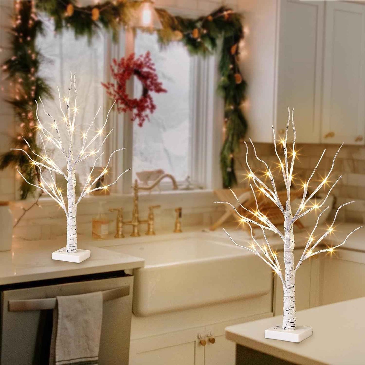 Vanthylit White Birch Tree with LED Lights - Set of 2, Tabletop Tree with Timer, Christmas Decorations Lighted Tree for Indoor Mantel Home Decor (2 FT, 24 LED)