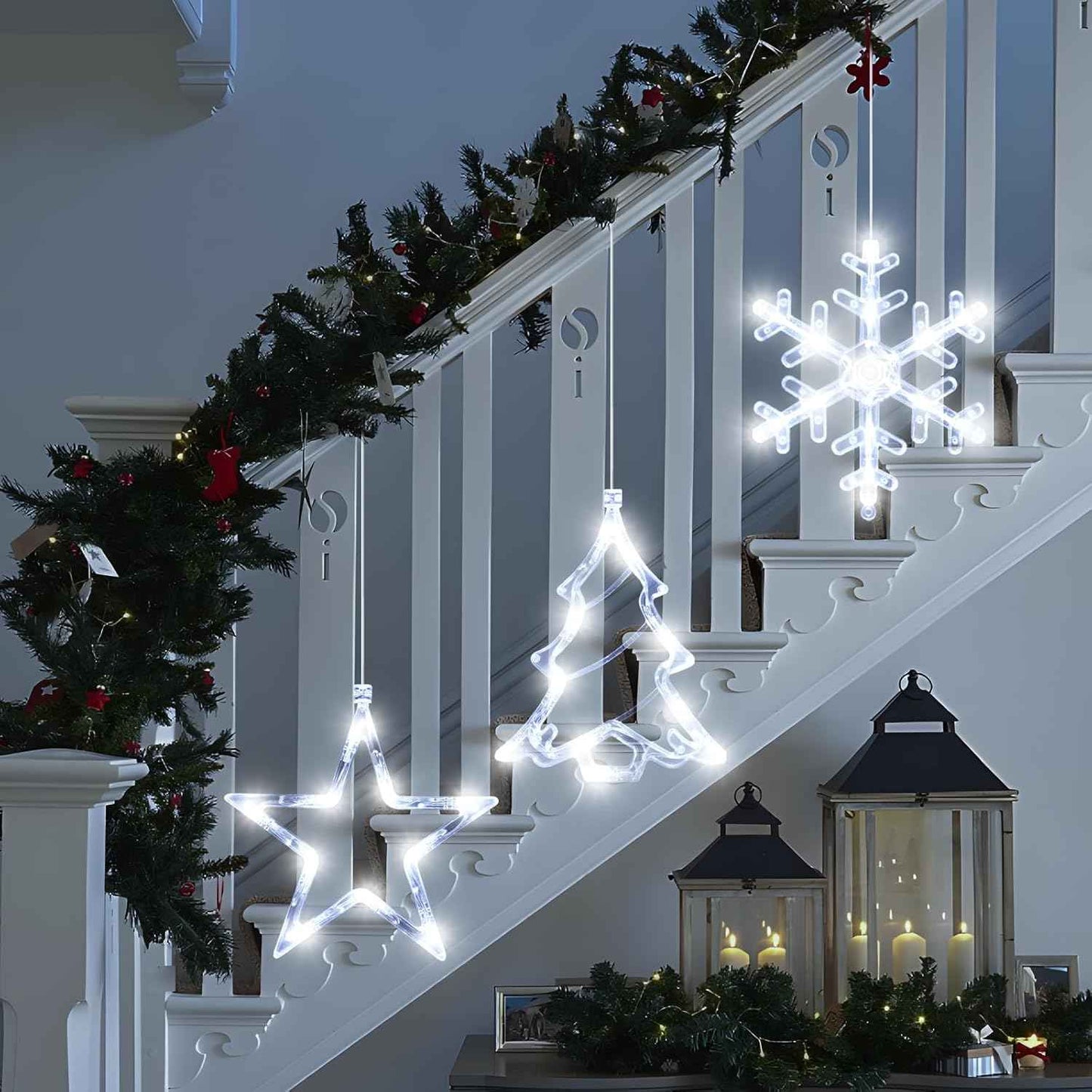 3Pack Christmas Window Lights Decorations with Timer, Battery Powered Hanging White Lighted Snowflake Tree Star Shaped LED Sucker for Xmas Tree Fireplace Indoor Decor