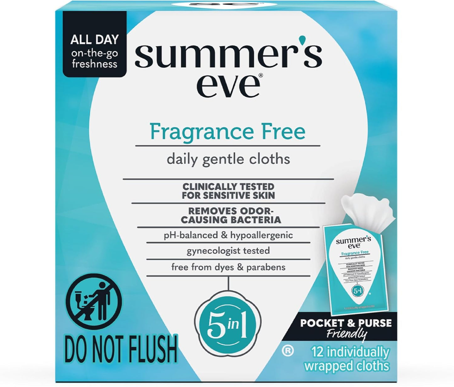 Summer's Eve Ultimate Odor Protection Daily Feminine Wipes, Gentle pH-Balanced Formula with Boric Acid Cleanses & Removes Vaginal Odor, Individually Wrapped Body Wipes, 12 Count