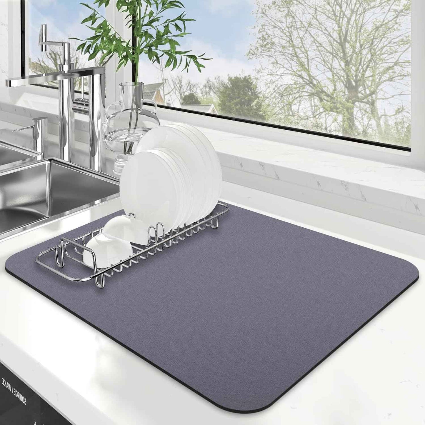 WISELIFE Dish Drying Mat Super Absorbent Drying Mat Large Dish Drying Mats for Kitchen Counter Easy Clean Dish Mat Kitchen Drying Mat15"x 18" Stylish Grey