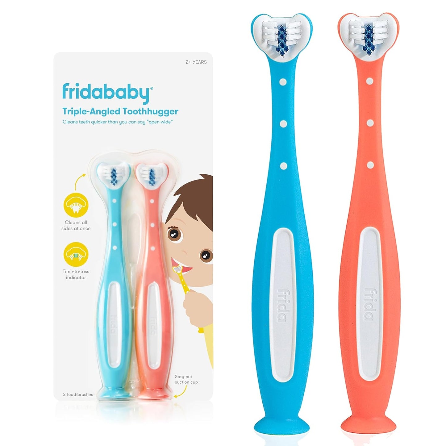 Frida Baby Triple-Angle Toothhugger Training Toddler Toothbrush | Toddler Toothbrush 2 Years and Up, Cleans All Sides at Once | Blue