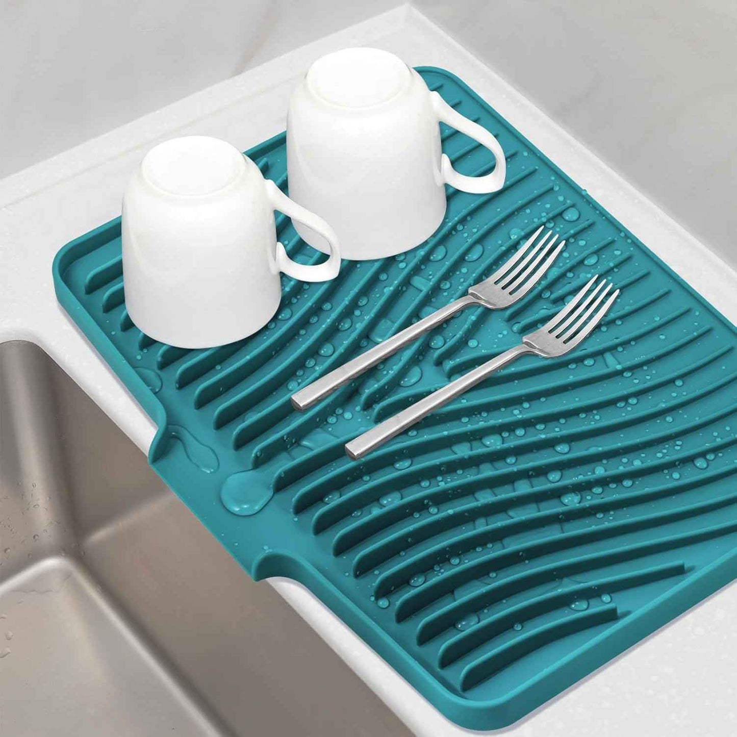 Silicone Dish Drying Mat for Kitchen Counter, Dish Drying Pad, Non-Slip Drain Pad with Built-in Drain, Heat Resistant Stone Drying Mat(15.8" x 13", Grey)