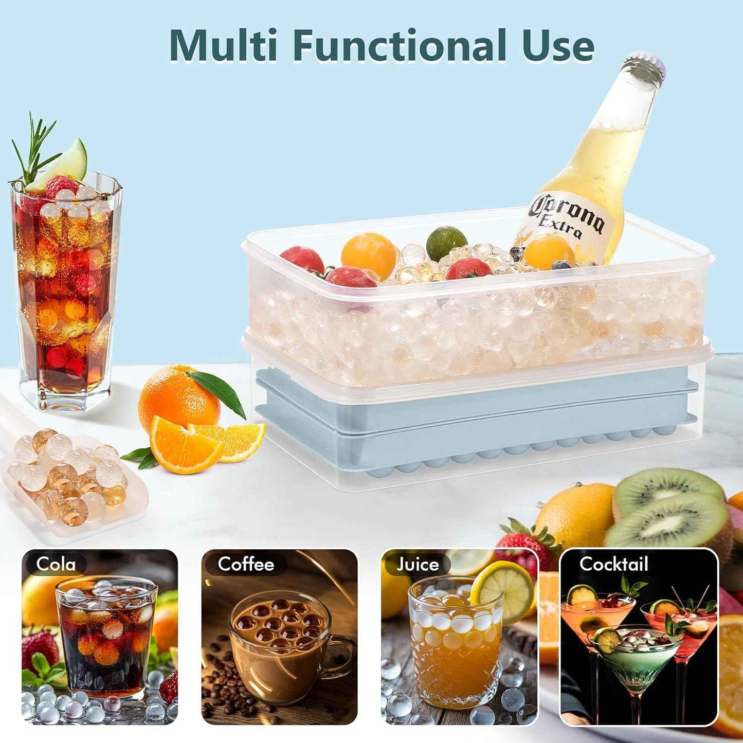 WIBIMEN Mini Ice Cube Trays, Small Tiny Round Pebble Crushed Nugget Ice Trays for Freezer with Lid - Chilling Drinks Coffee Juice(2 Pack/0.55In - Blue)