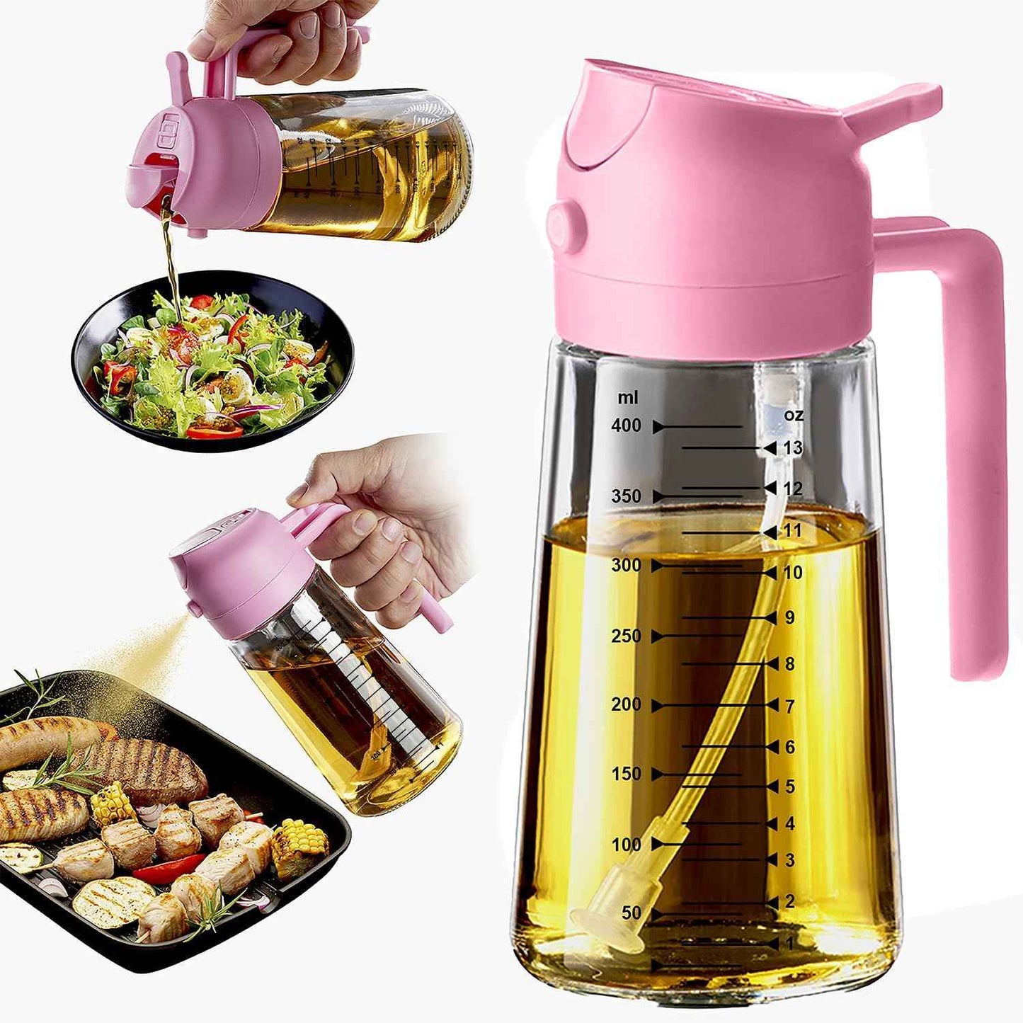 TrendPlain 16oz/470ml Glass Olive Oil Sprayer for Cooking – 2 in 1 Olive Oil Dispenser Bottle for Kitchen Gadgets and Air Fryer Accessories, Salad, BBQ - Black