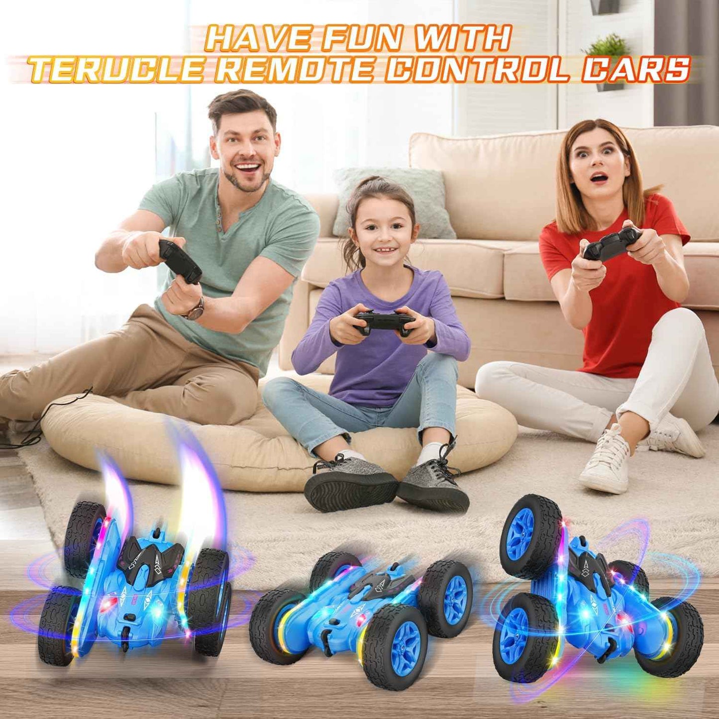 Remote Control Car, Rc Cars Stunt Kids Toys New Upgraded Strip Lights and Headlights Double-Sided 360Β° Rotating 4WD Drift Truck for Boys Girls Birthday Gift (Blue)